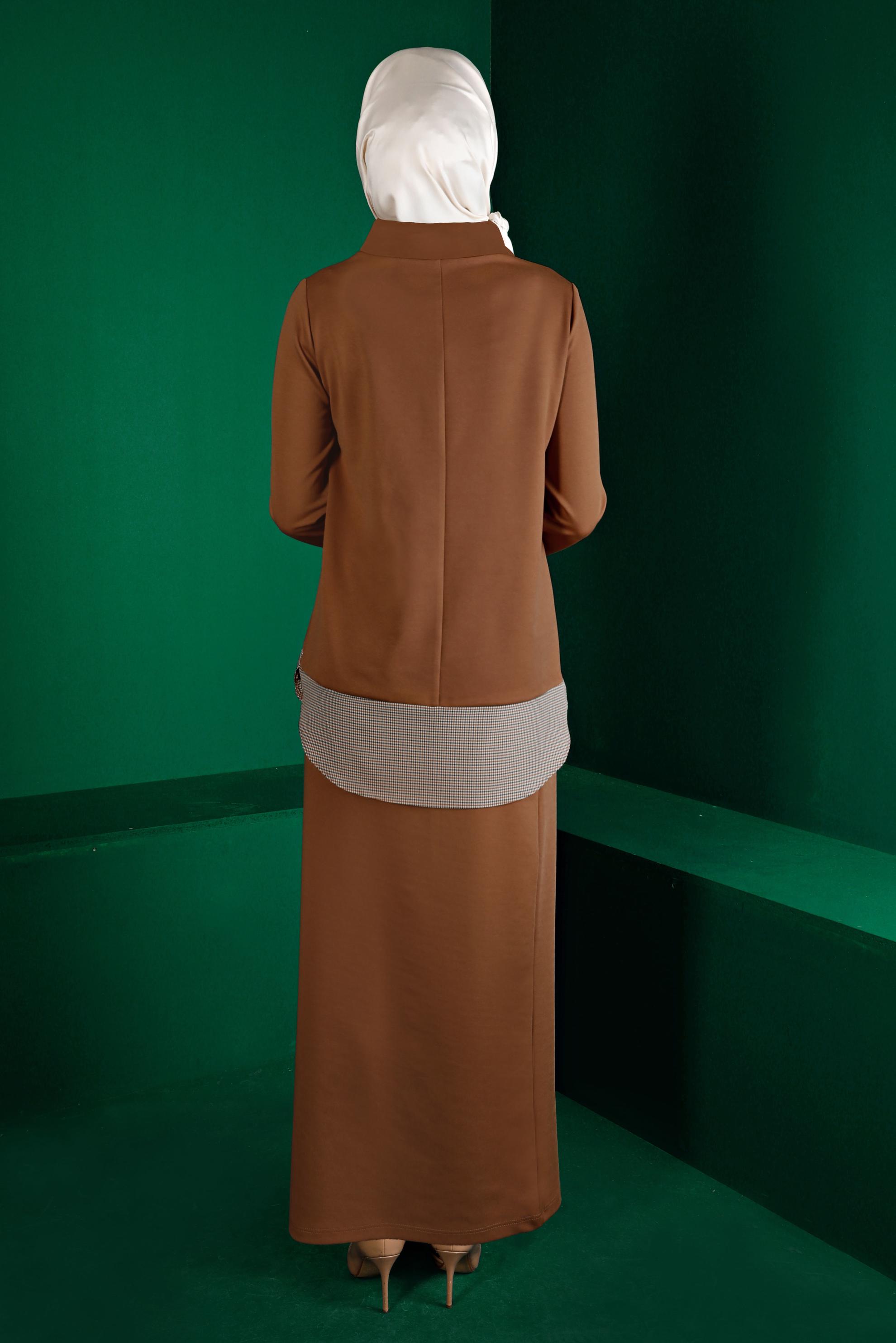 Tesettür giyim TABA GÖMLEK PARÇA DETAYLI İKİLİ ETEKLİ TAKIM 43413