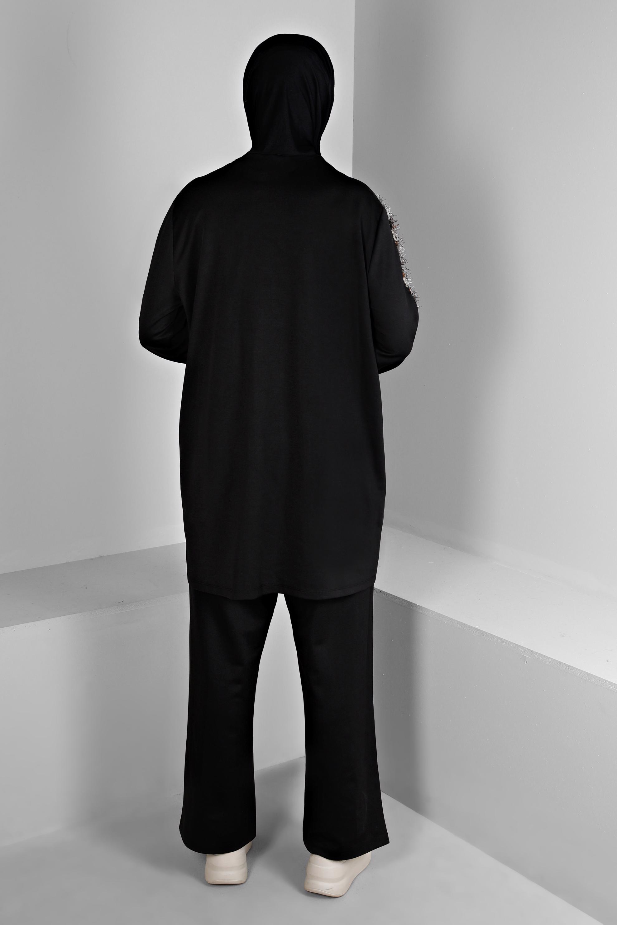 Tesettür giyim SİYAH LEOPAR DESENLİ TÜYLÜ PANTOLON TAKIMI 20302 