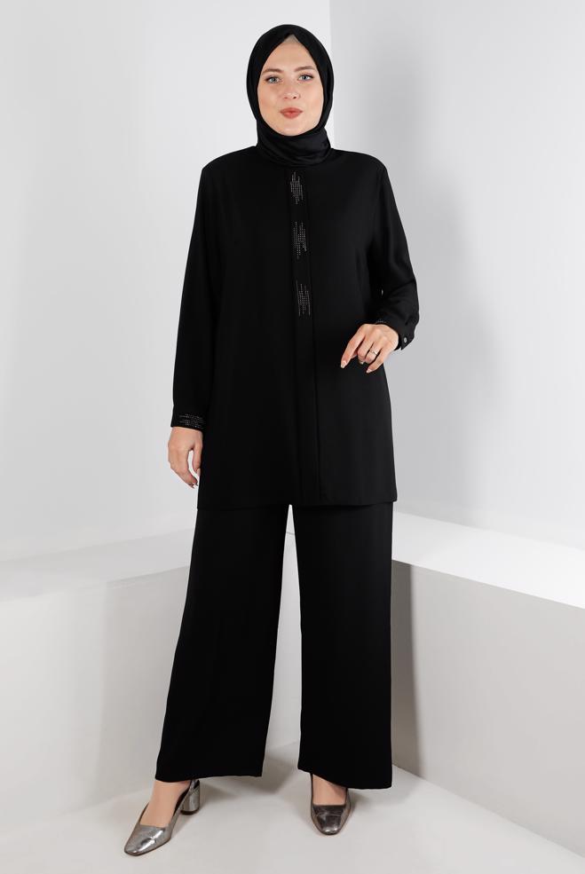 Hijab clothing BLACK BUTTONED PANT SUIT SET 2-PIECE 20316 - ALVİNA