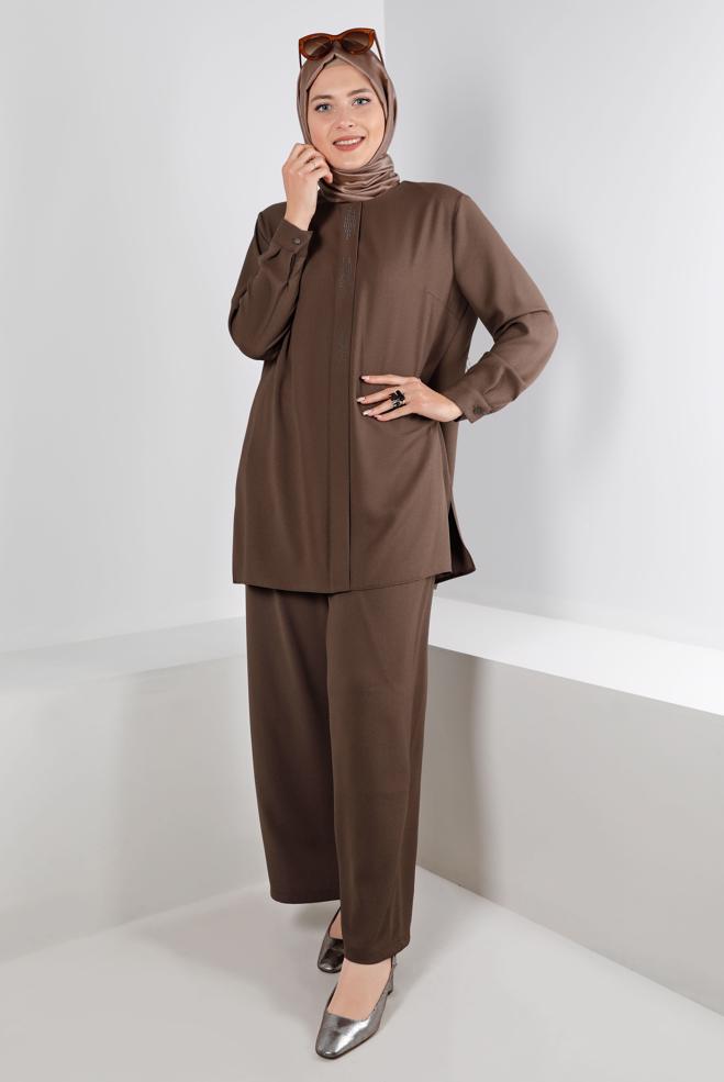 Hijab clothing BROWN BUTTONED PANT SUIT SET 2-PIECE 20316 - ALVİNA
