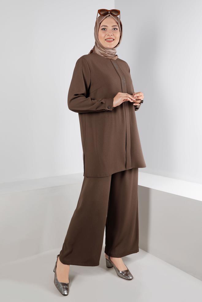 Hijab clothing BROWN BUTTONED PANT SUIT SET 2-PIECE 20316 - ALVİNA