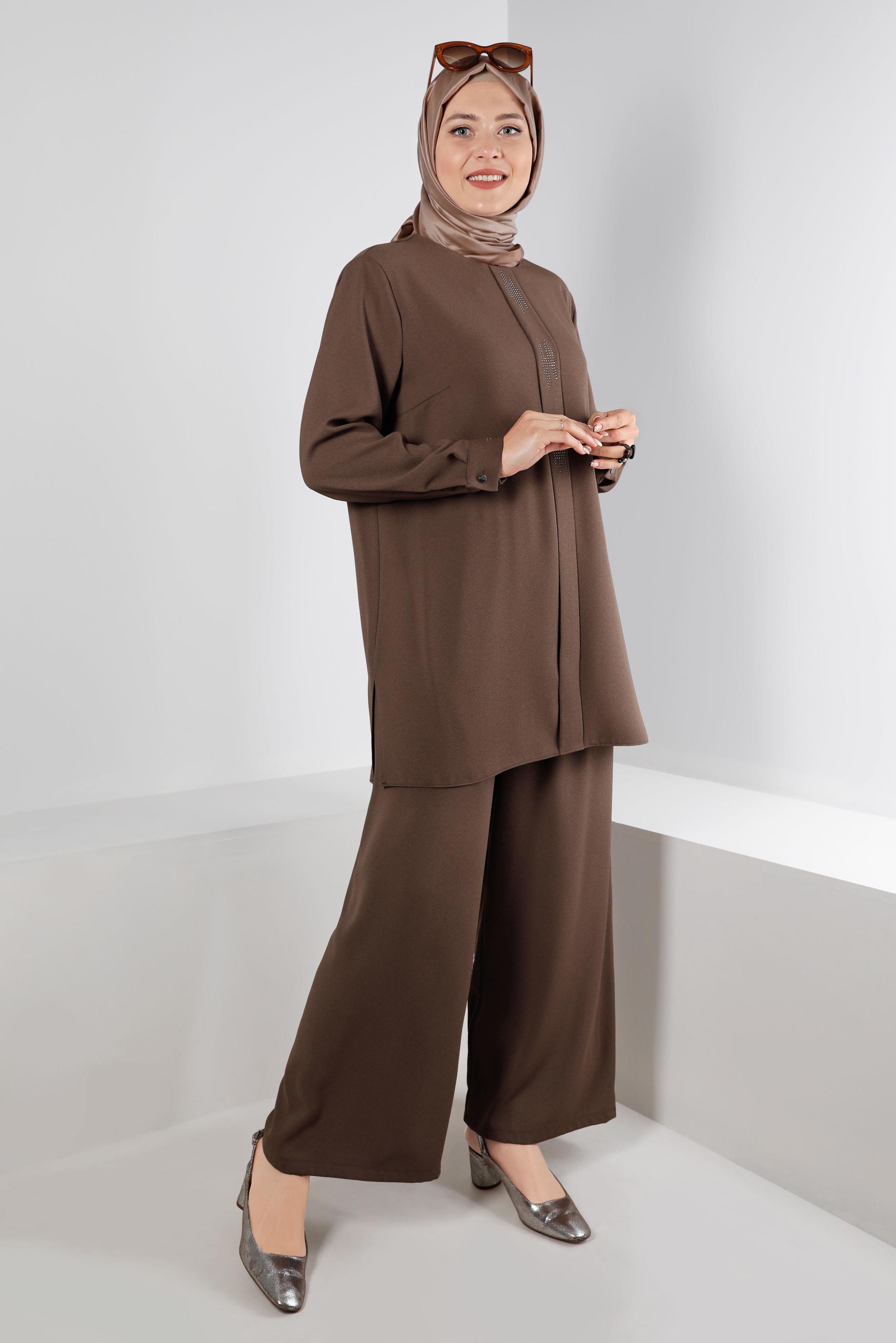 Hijab clothing BROWN BUTTONED PANT SUIT SET 2-PIECE 20316