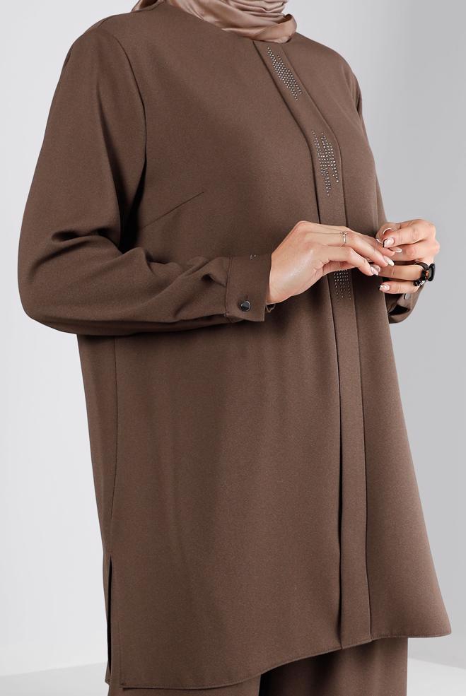 Hijab clothing BROWN BUTTONED PANT SUIT SET 2-PIECE 20316 - ALVİNA