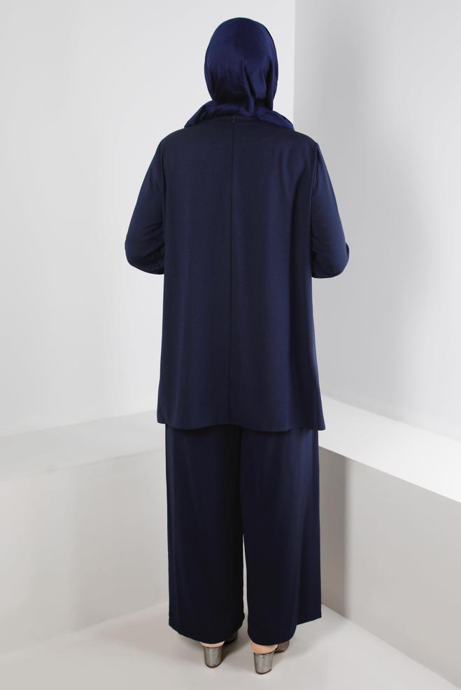 Hijab clothing NAVY BLUE BUTTONED PANT SUIT SET 2-PIECE 20316 - ALVİNA