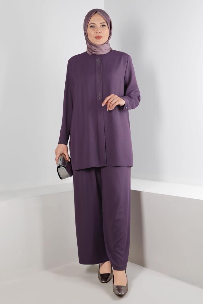 Hijab clothing PURPLE BUTTONED PANT SUIT SET 2-PIECE 20316 - ALVİNA