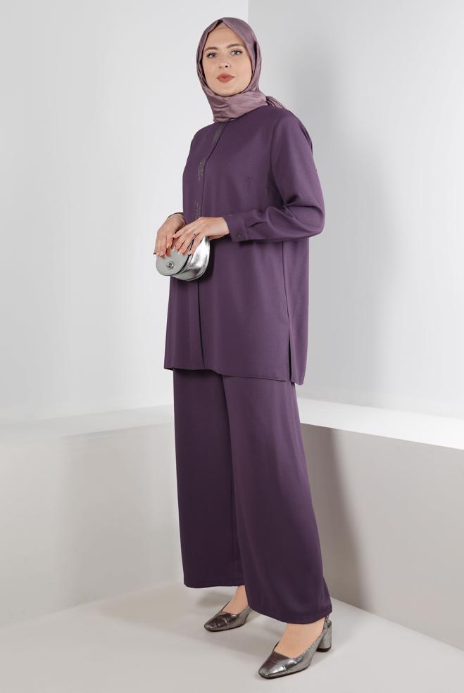 Hijab clothing PURPLE BUTTONED PANT SUIT SET 2-PIECE 20316 - ALVİNA