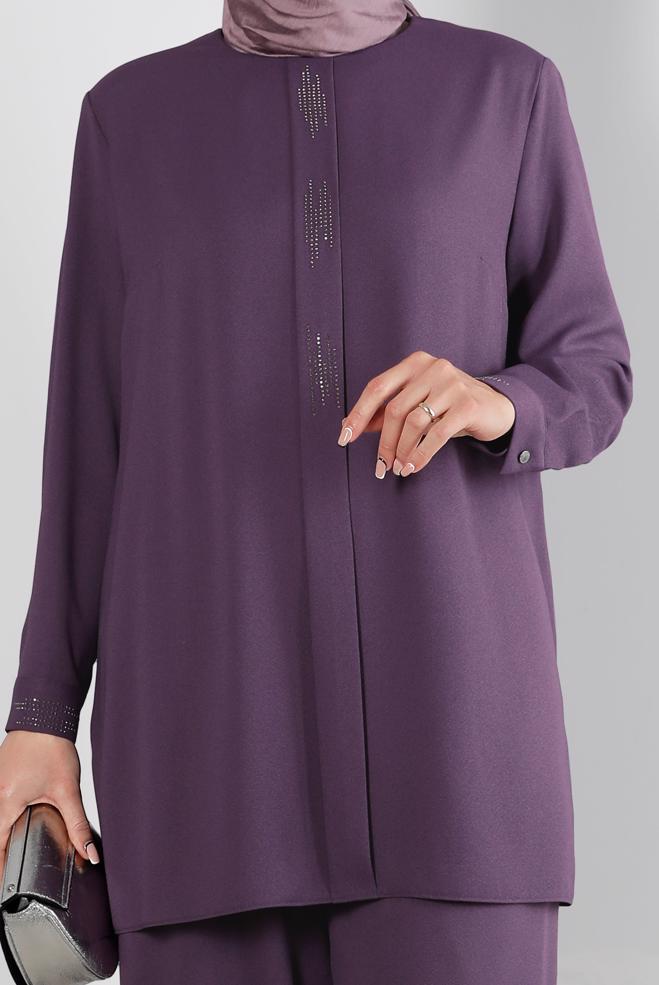 Hijab clothing PURPLE BUTTONED PANT SUIT SET 2-PIECE 20316 - ALVİNA