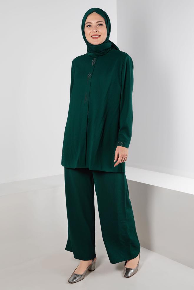 Hijab clothing GREEN BUTTONED PANT SUIT SET 2-PIECE 20316 - ALVİNA