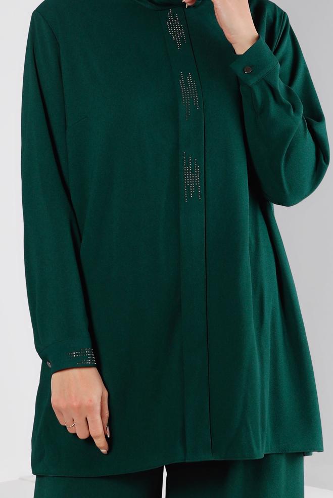 Hijab clothing GREEN BUTTONED PANT SUIT SET 2-PIECE 20316 - ALVİNA