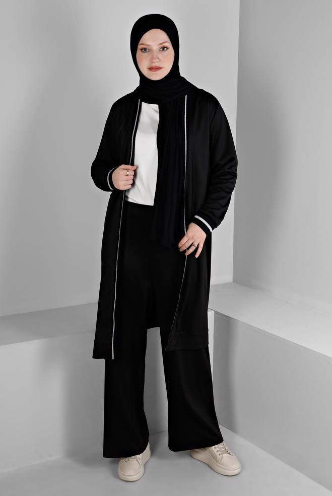Hijab clothing BLACK GLITTERY STRIPE DETAIL 2-PIECE PANT SUIT SET 20319  - ALVİNA