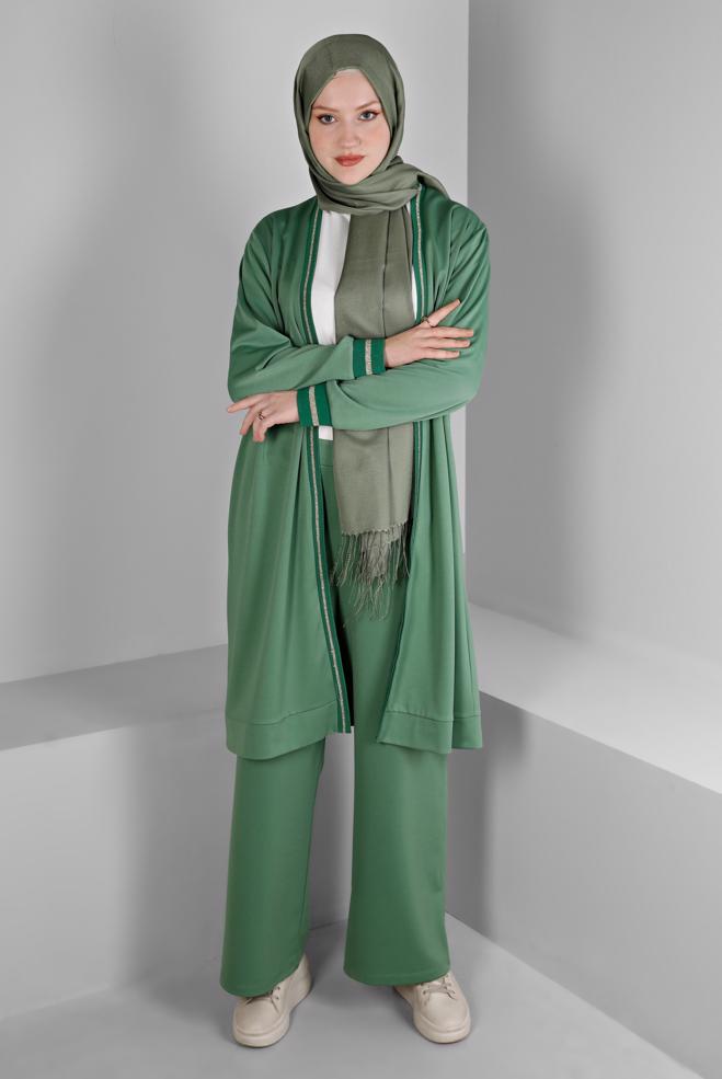 Hijab clothing GREEN GLITTERY STRIPE DETAIL 2-PIECE PANT SUIT SET 20319  - ALVİNA