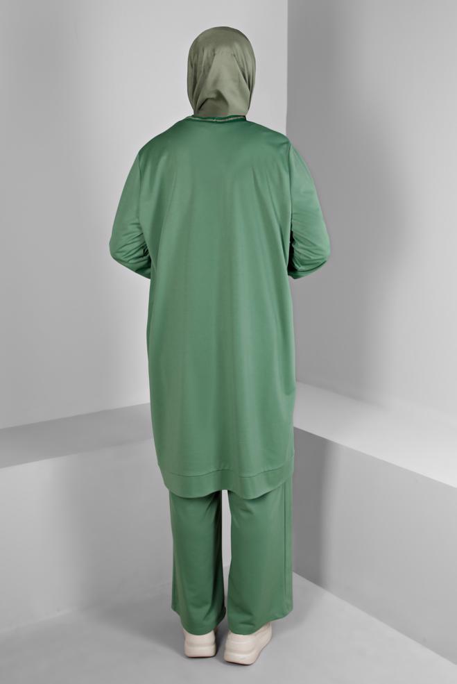 Hijab clothing GREEN GLITTERY STRIPE DETAIL 2-PIECE PANT SUIT SET 20319  - ALVİNA