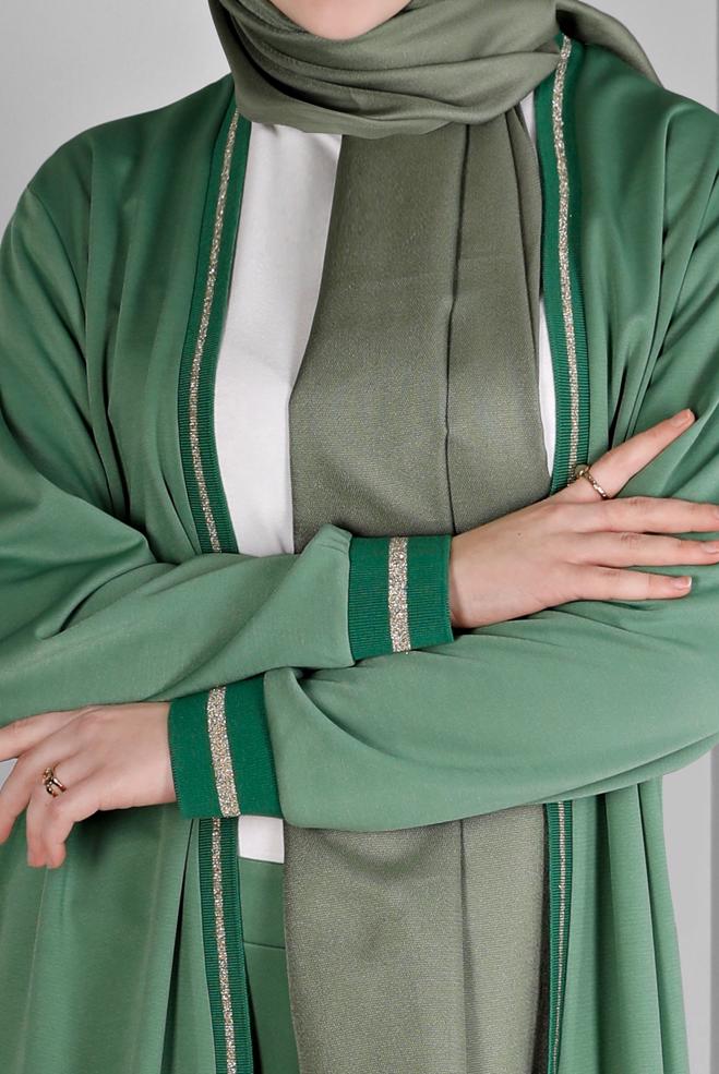 Hijab clothing GREEN GLITTERY STRIPE DETAIL 2-PIECE PANT SUIT SET 20319  - ALVİNA