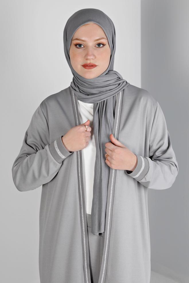 Hijab clothing GREY GLITTERY STRIPE DETAIL 2-PIECE PANT SUIT SET 20319  - ALVİNA