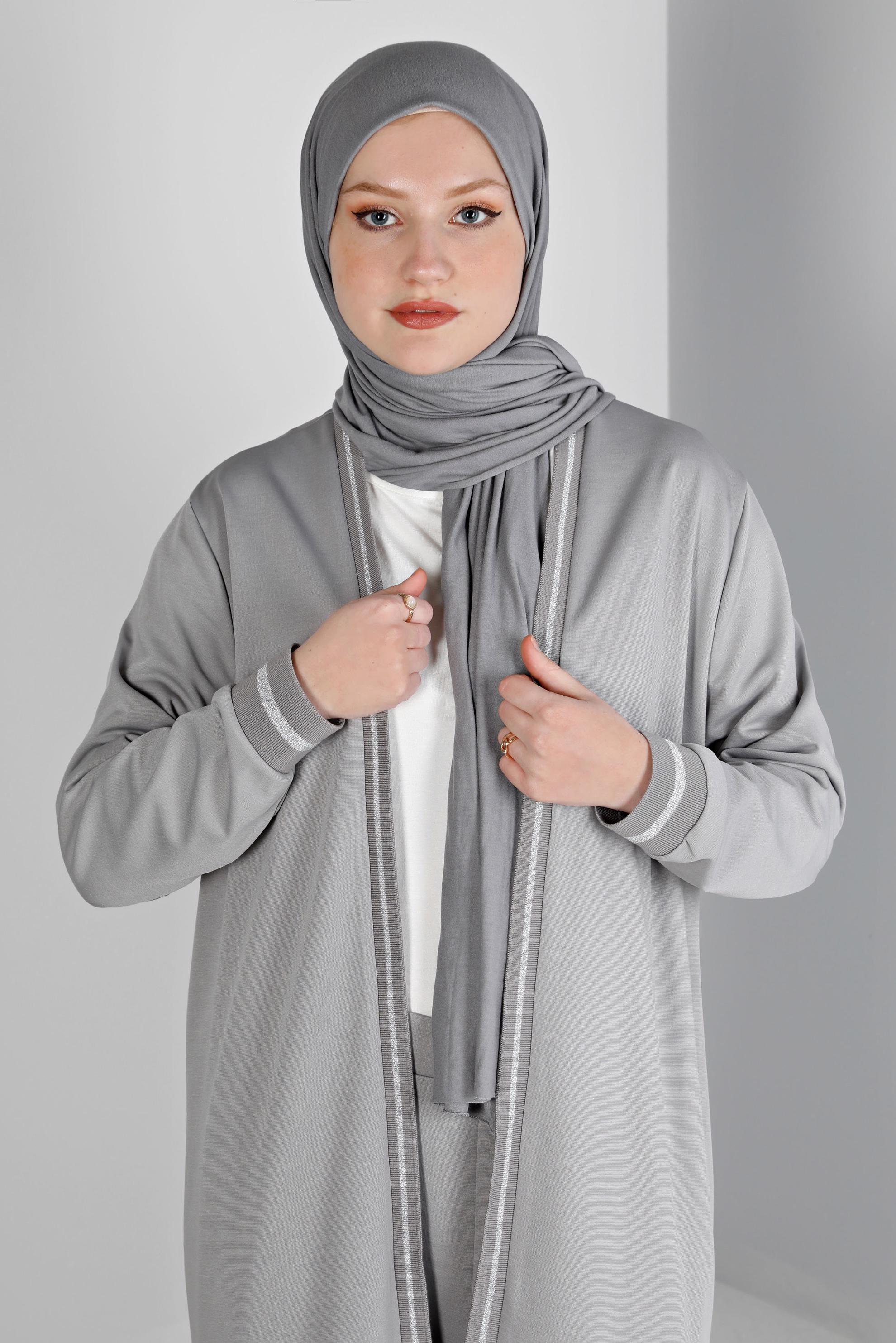 Vêtements hijab GRIS ENSEMBLE PANTALON 2 PIÈCES DÉTAILS RAYURES PAILLETTES 20319