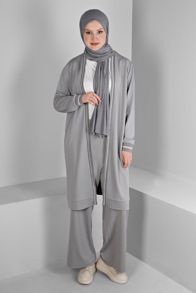 Hijab clothing GREY GLITTERY STRIPE DETAIL 2-PIECE PANT SUIT SET 20319  - ALVİNA