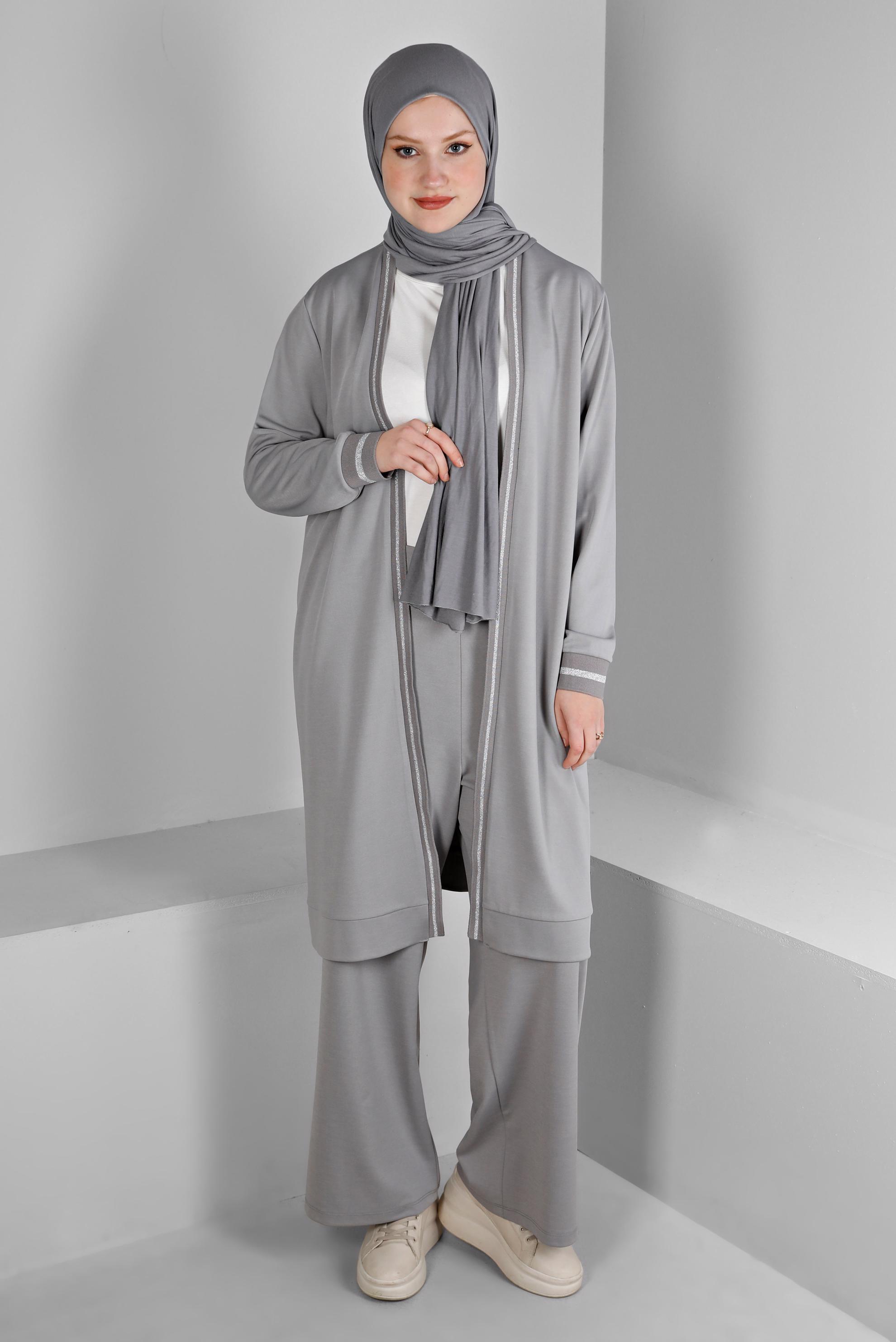 Vêtements hijab GRIS ENSEMBLE PANTALON 2 PIÈCES DÉTAILS RAYURES PAILLETTES 20319