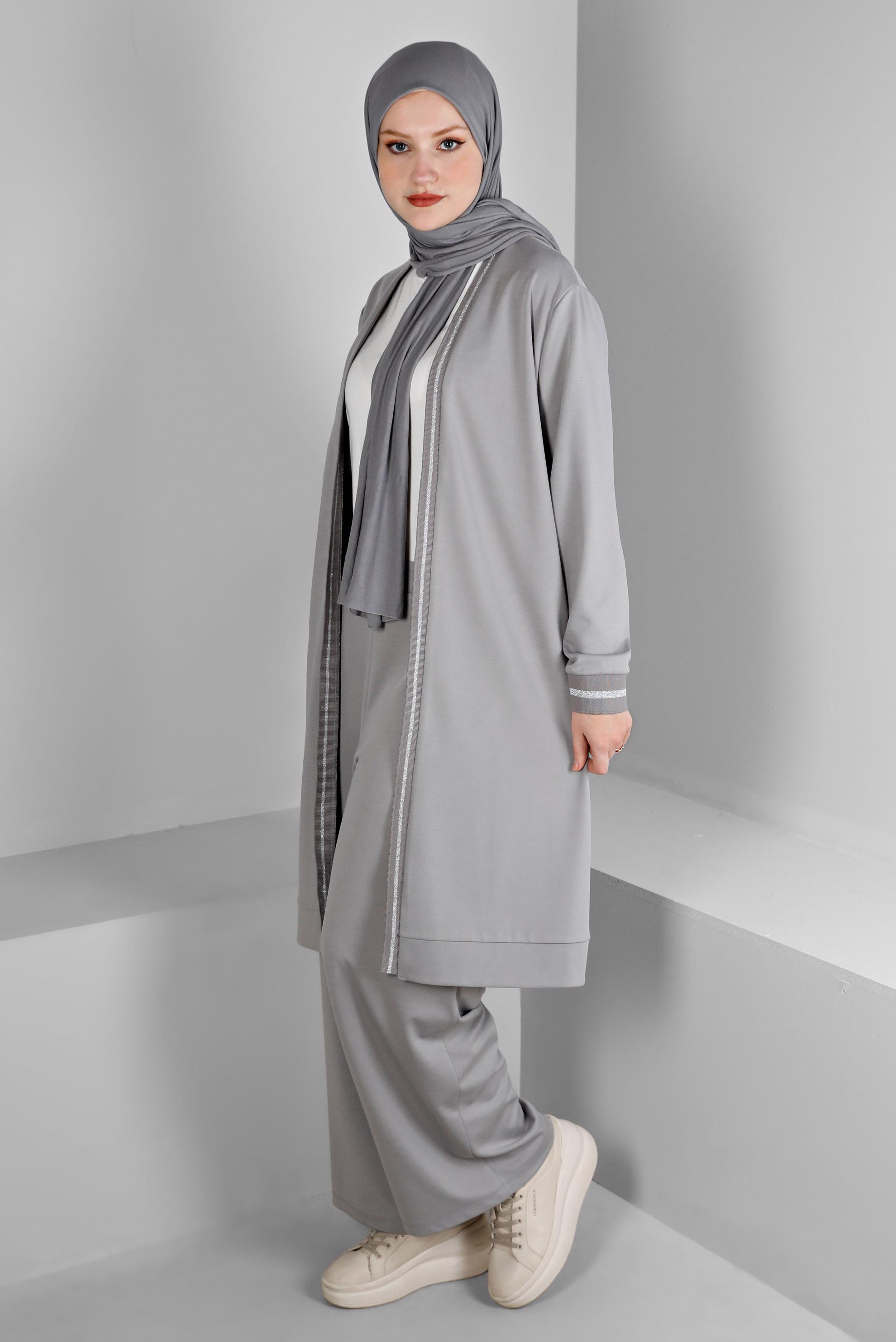 Vêtements hijab GRIS ENSEMBLE PANTALON 2 PIÈCES DÉTAILS RAYURES PAILLETTES 20319