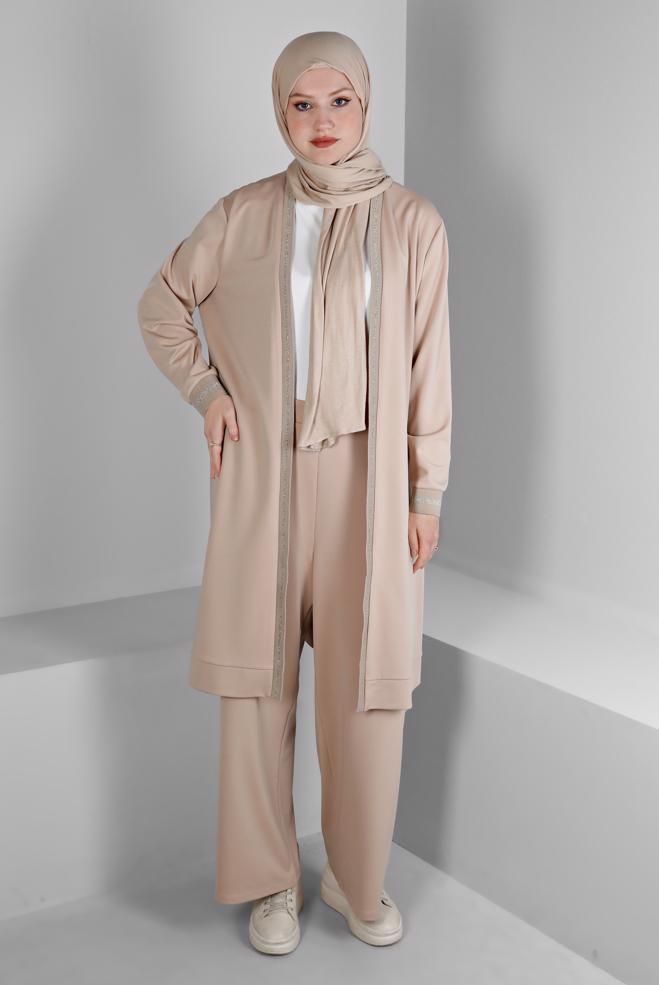 Hijab clothing BROWN GLITTERY STRIPE DETAIL 2-PIECE PANT SUIT SET 20319  - ALVİNA