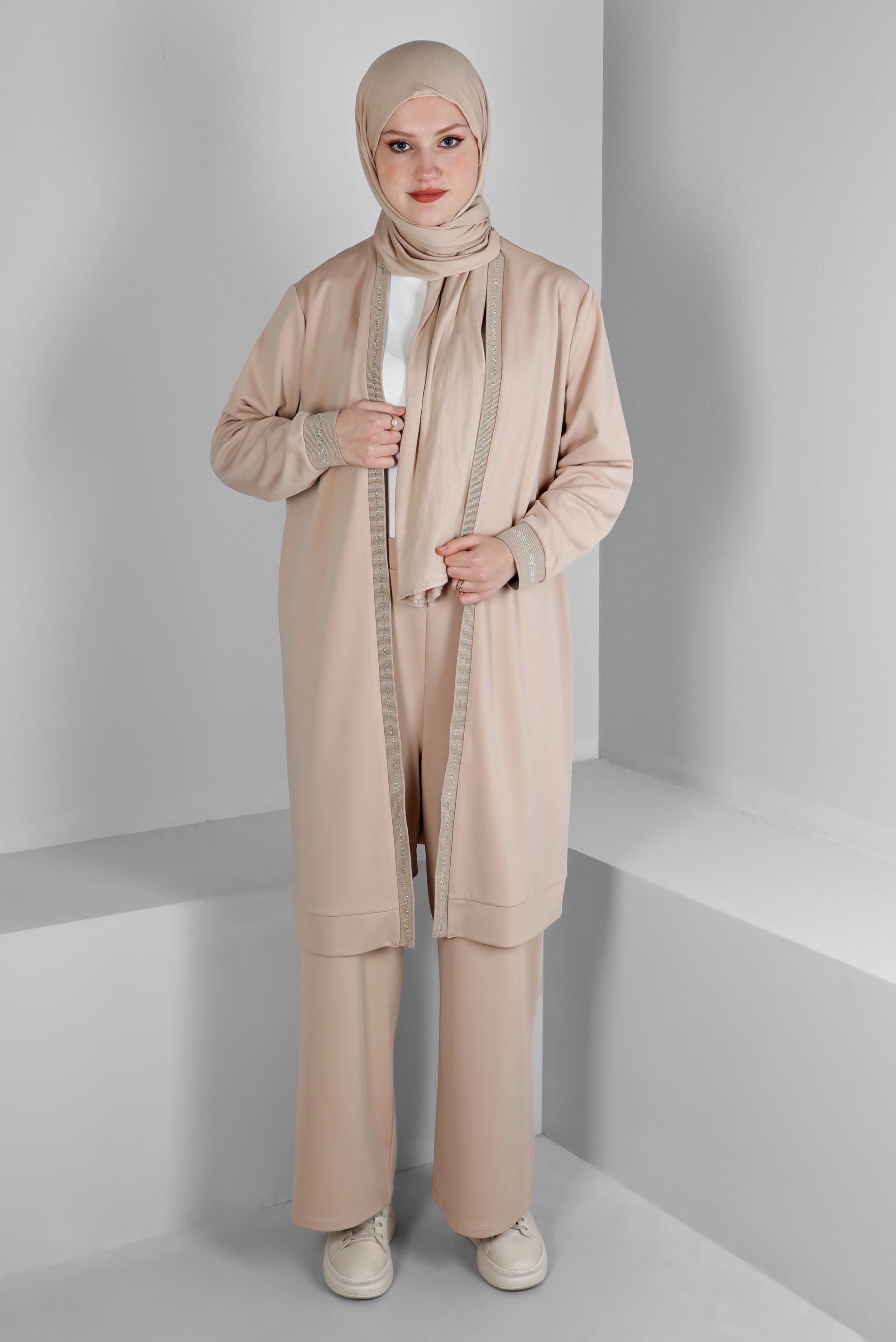 Vêtements hijab BRUN ENSEMBLE PANTALON 2 PIÈCES DÉTAILS RAYURES PAILLETTES 20319