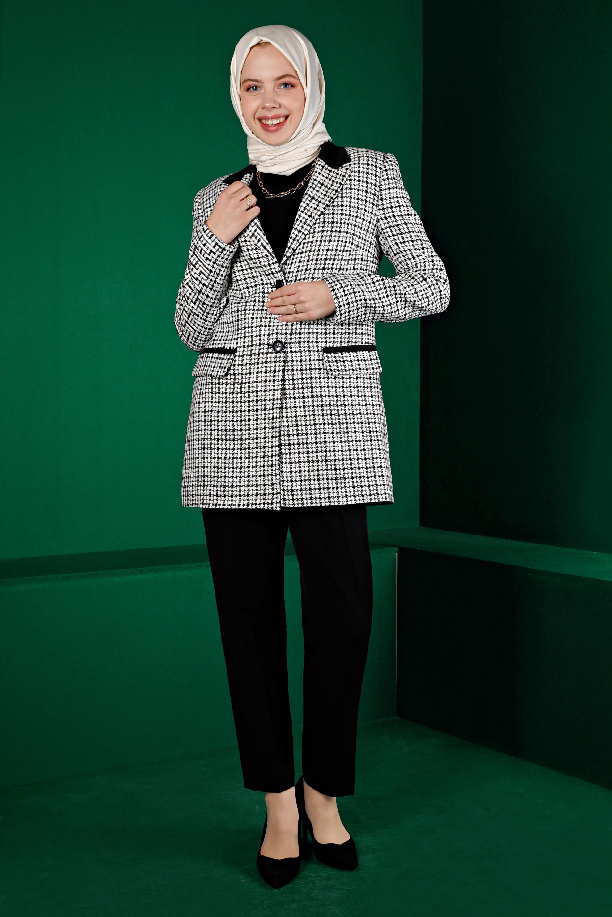 Tesettür giyim BEYAZ EKOSE DESENLİ İKİLİ PANT. TAKIM 30302 