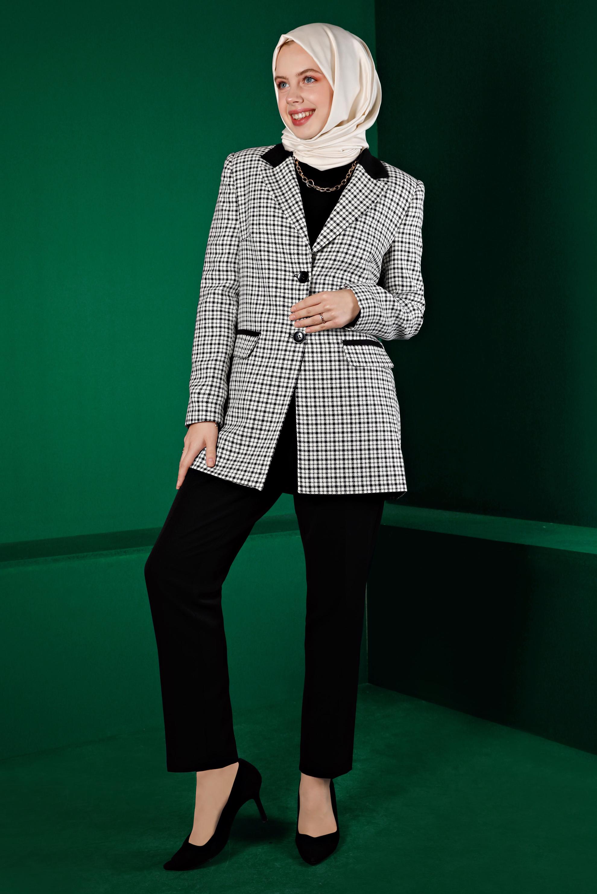 Tesettür giyim BEYAZ EKOSE DESENLİ İKİLİ PANT. TAKIM 30302 