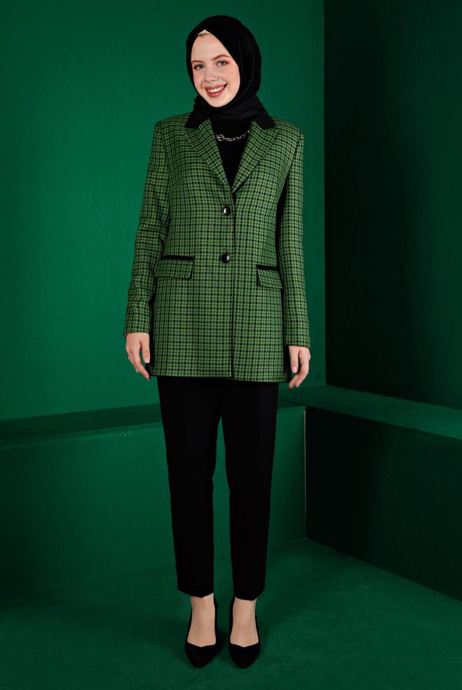 Tesettür giyim YEŞİL EKOSE DESENLİ İKİLİ PANT. TAKIM 30302  - ALVİNA