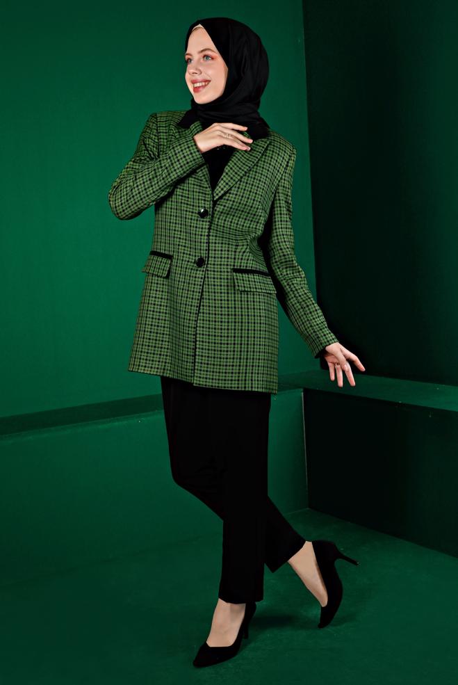 Tesettür giyim YEŞİL EKOSE DESENLİ İKİLİ PANT. TAKIM 30302  - ALVİNA