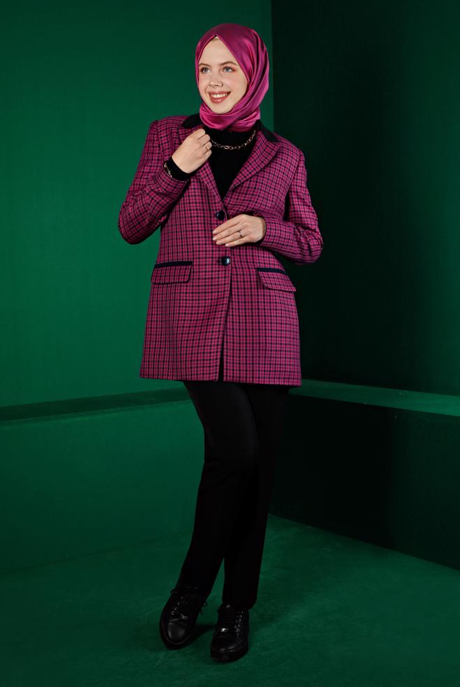 Tesettür giyim FUŞYA EKOSE DESENLİ İKİLİ PANT. TAKIM 30302  - ALVİNA