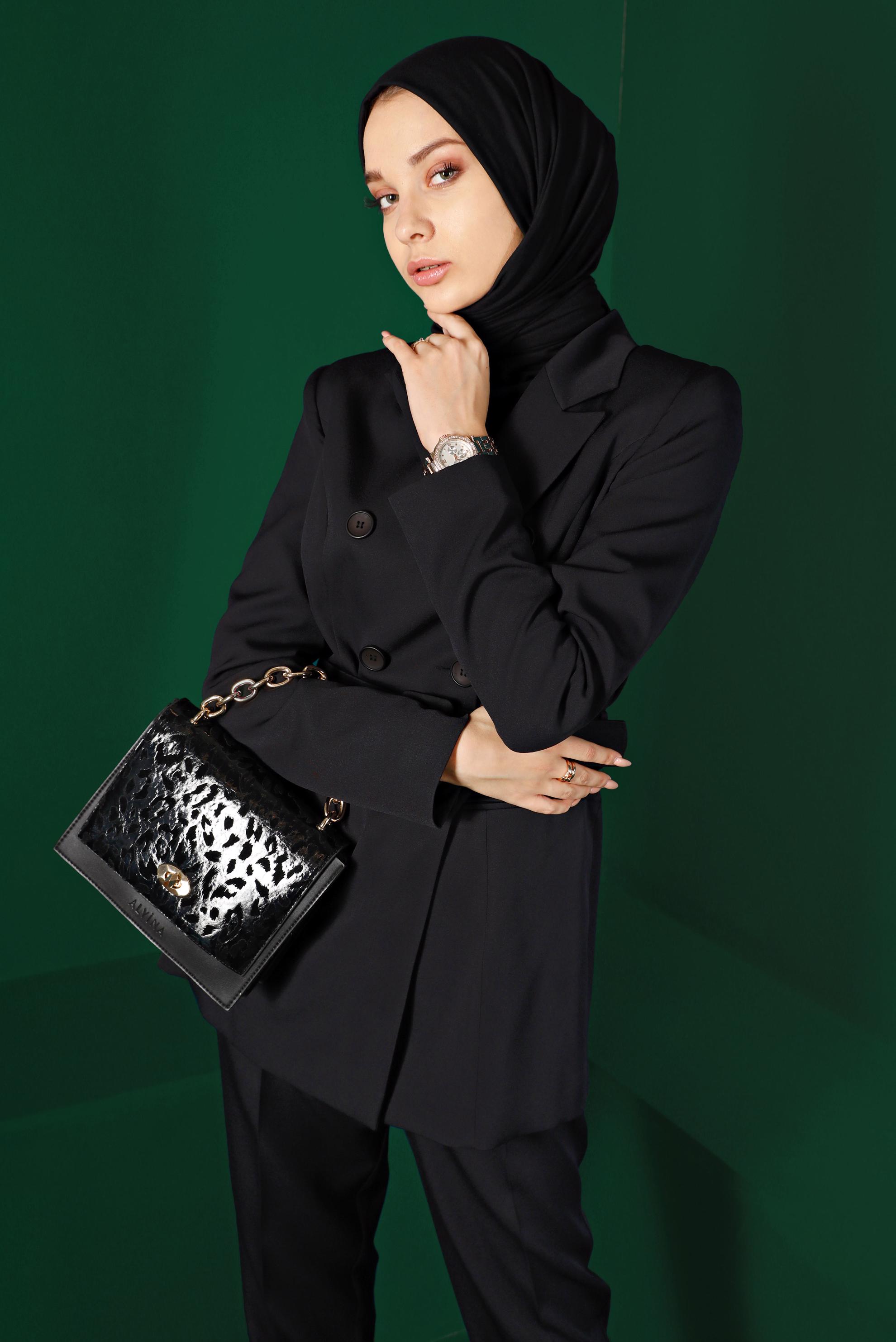 Hijab clothing BLACK BUTTONED BELTED 2-PIECE PANTS SUIT 30304