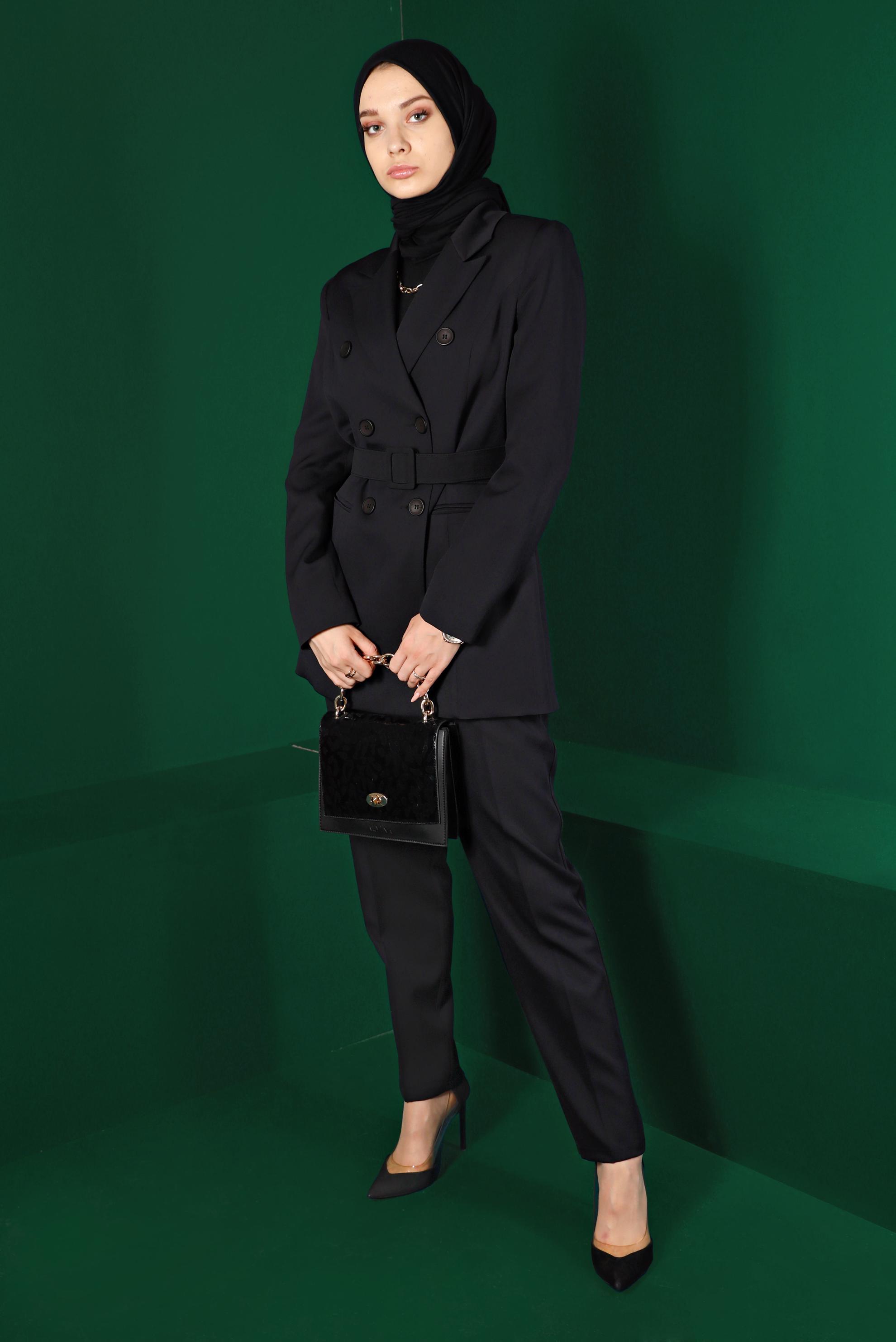 Hijab clothing BLACK BUTTONED BELTED 2-PIECE PANTS SUIT 30304