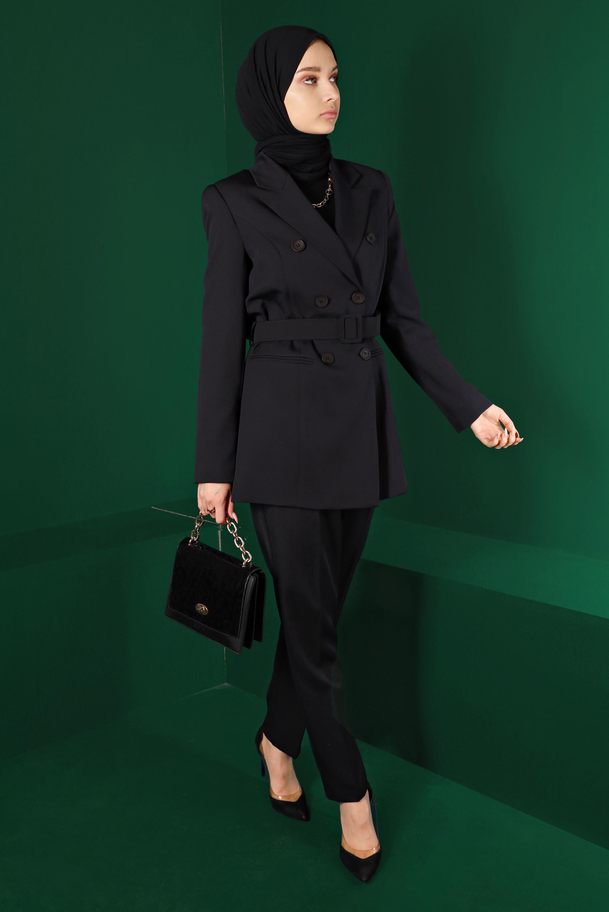 Hijab clothing BLACK BUTTONED BELTED 2-PIECE PANTS SUIT 30304