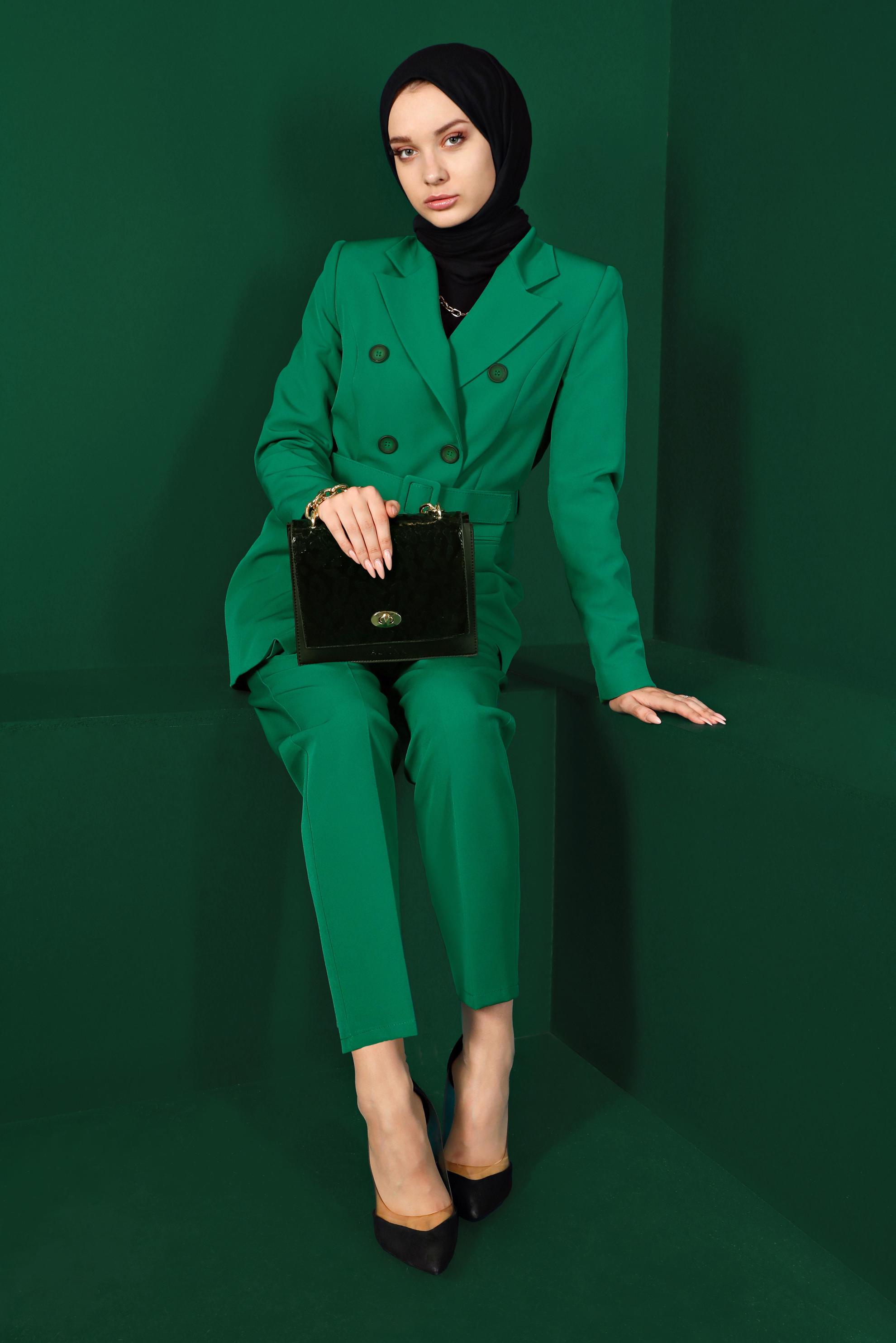 Hijab clothing GREEN BUTTONED BELTED 2-PIECE PANTS SUIT 30304