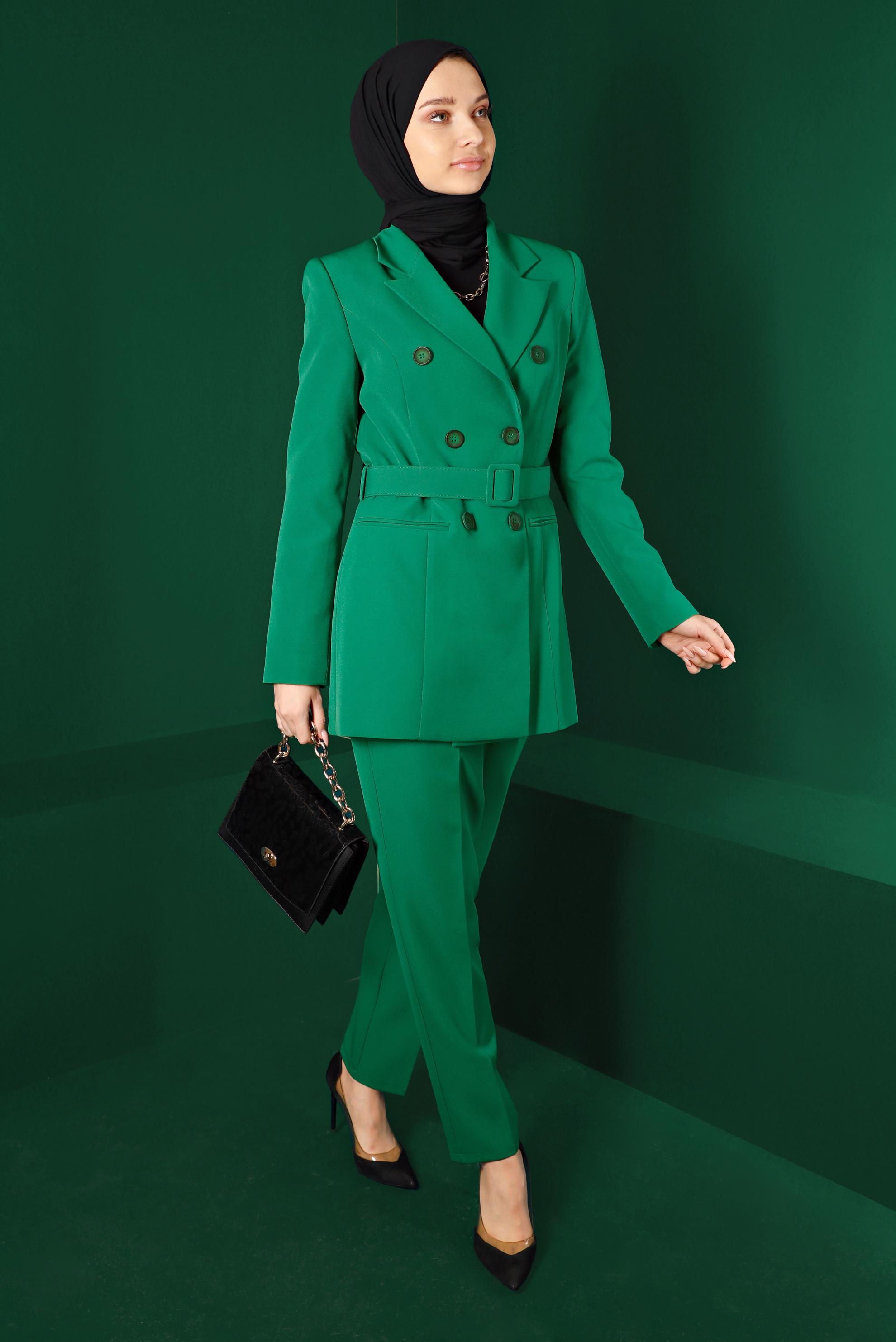 Hijab clothing GREEN BUTTONED BELTED 2-PIECE PANTS SUIT 30304