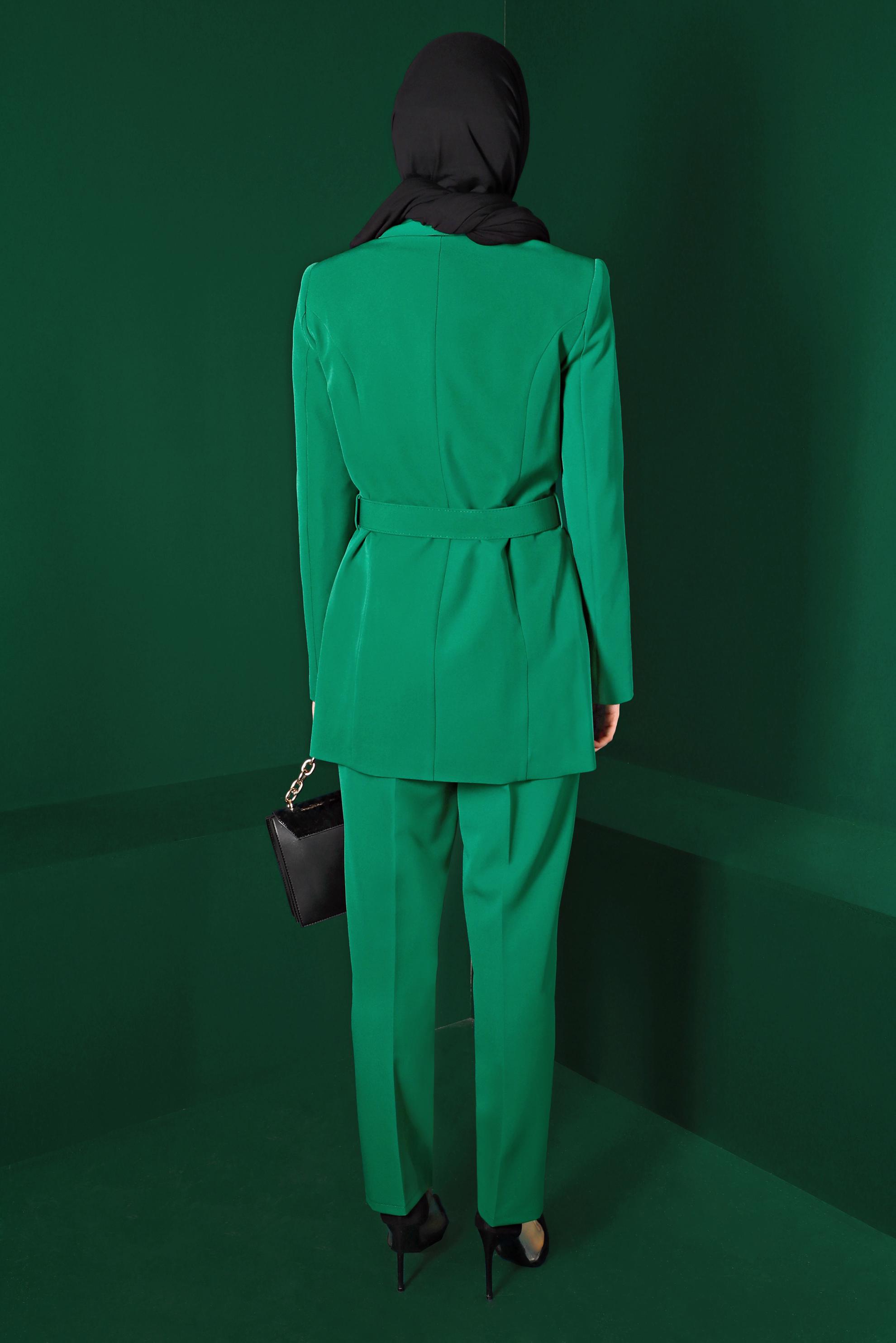 Hijab clothing GREEN BUTTONED BELTED 2-PIECE PANTS SUIT 30304