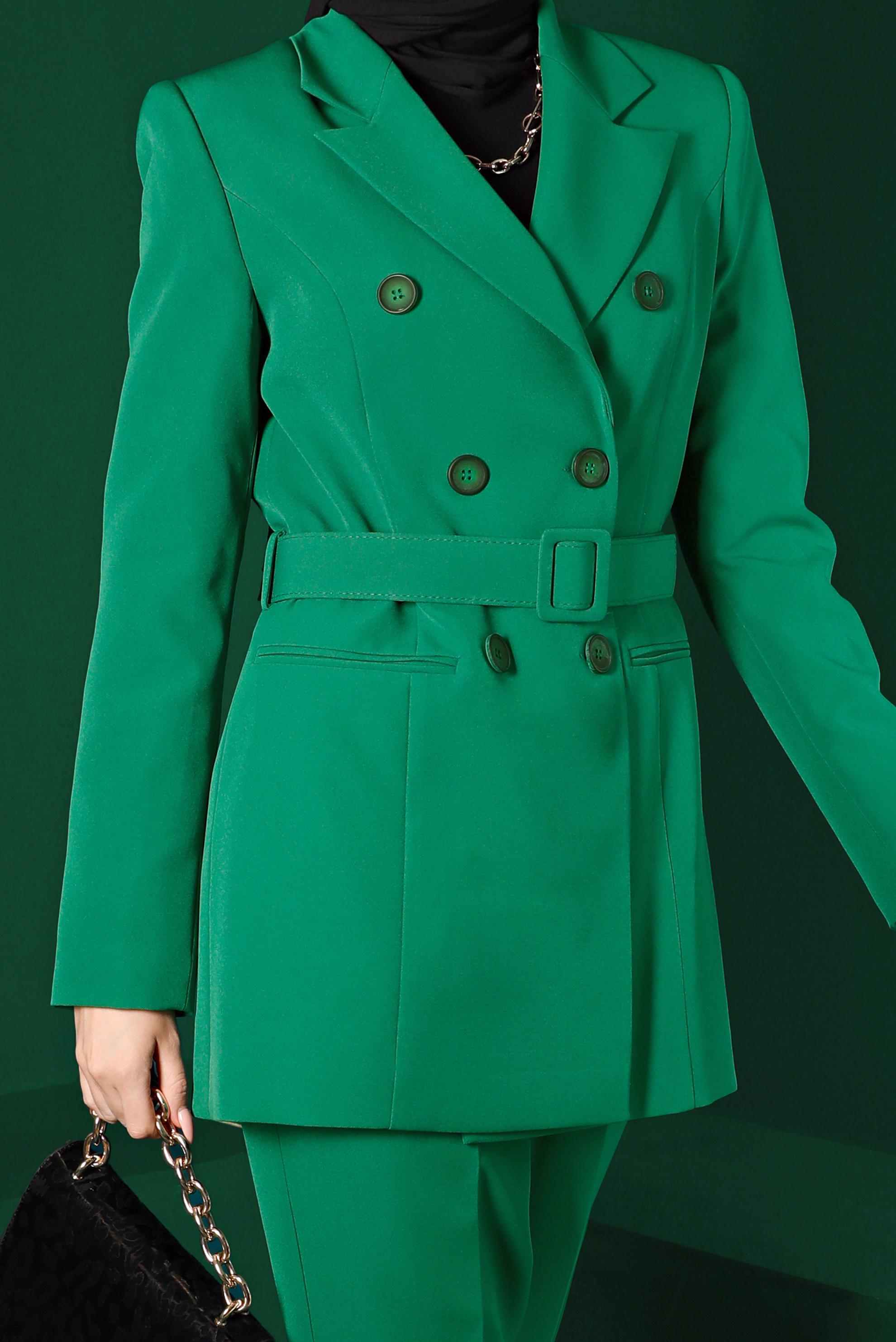 Hijab clothing GREEN BUTTONED BELTED 2-PIECE PANTS SUIT 30304