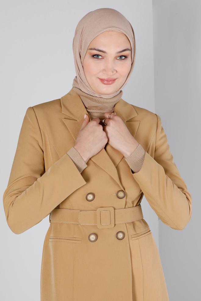 Tesettür giyim KAHVE DÜĞMELİ KEMERLİ İKİLİ PANT. TAKIM 30304  - ALVİNA