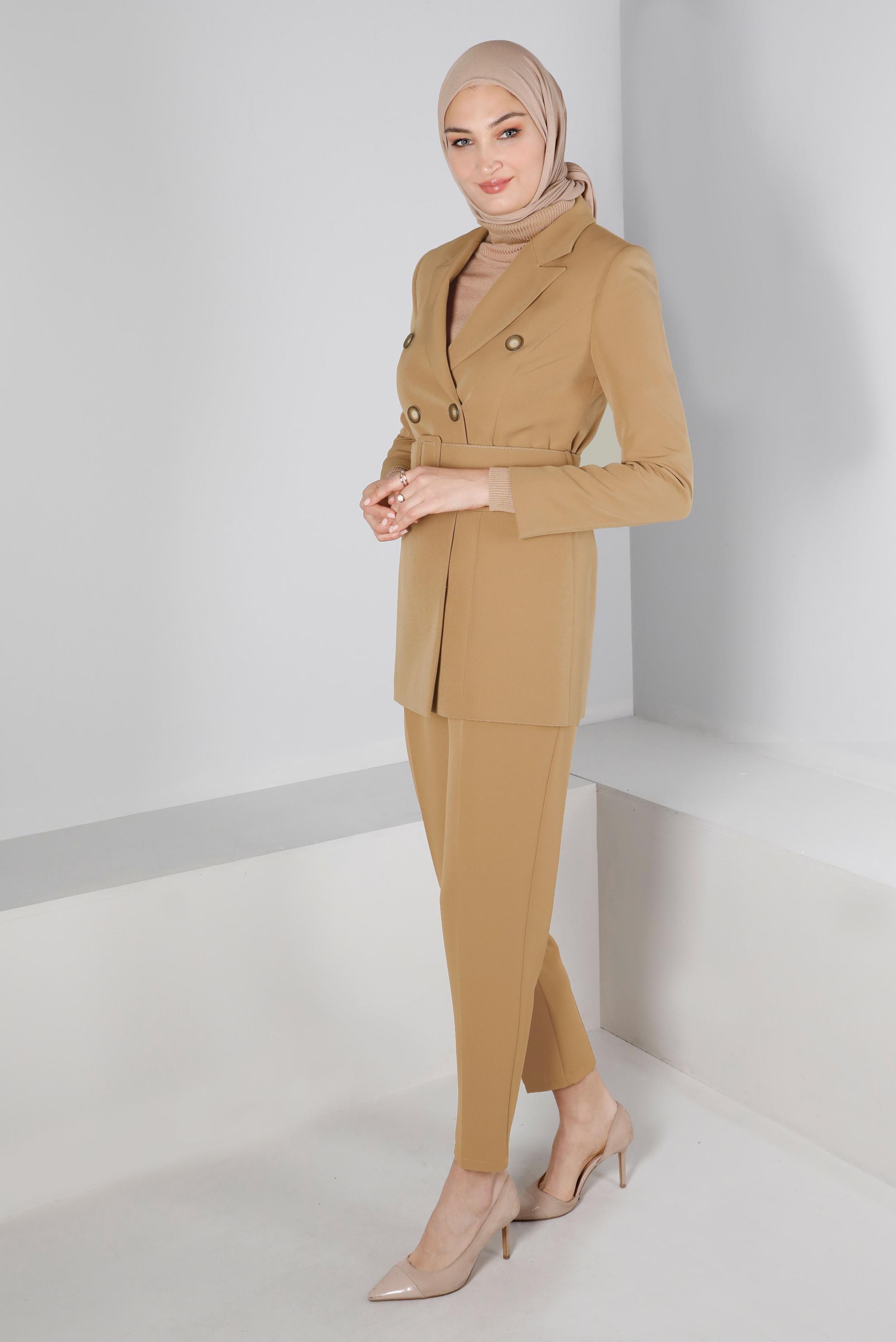 Tesettür giyim KAHVE DÜĞMELİ KEMERLİ İKİLİ PANT. TAKIM 30304 