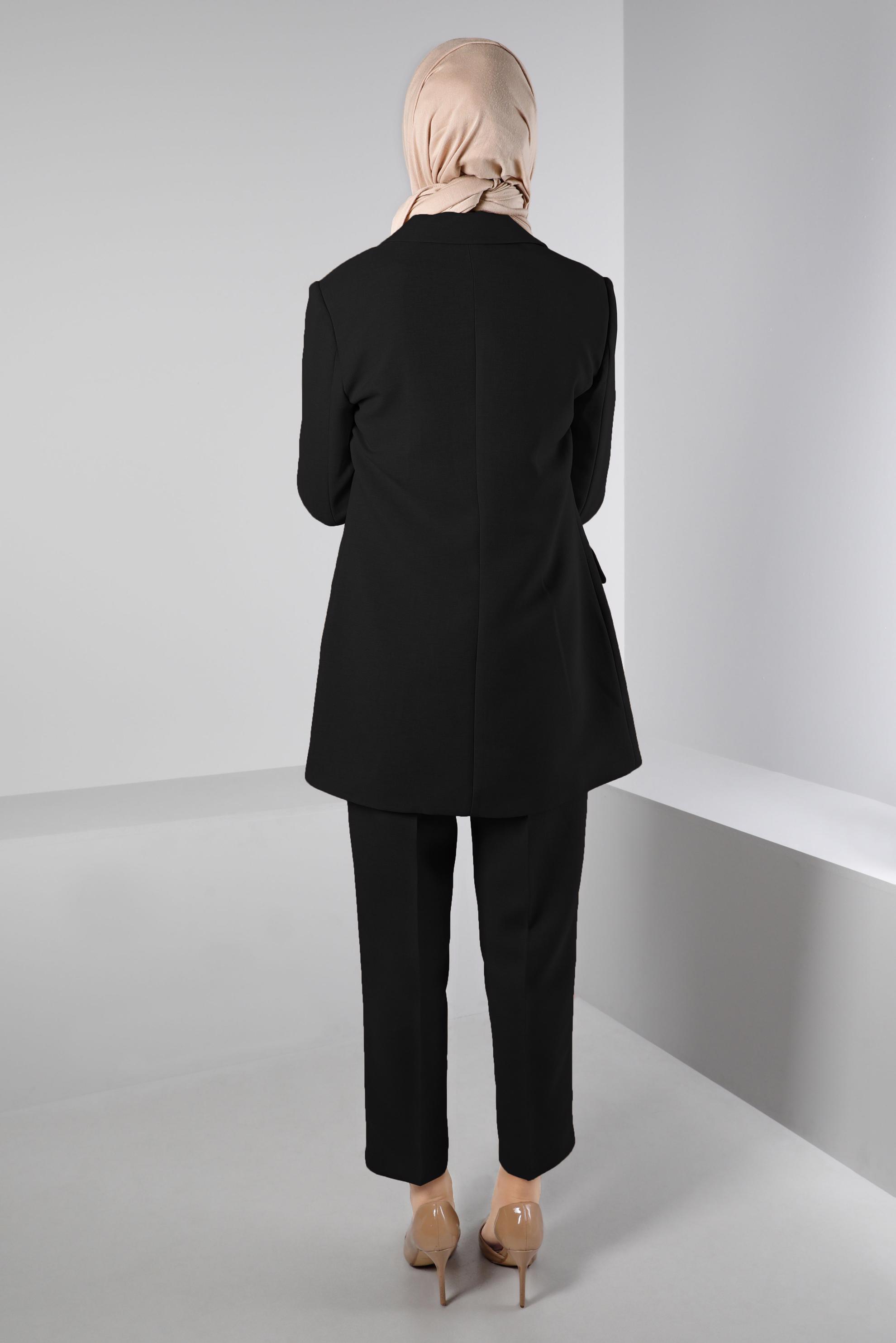 Tesettür giyim SİYAH MANŞETLERİ LEOPAR DESENLİ KLASİK İKİLİ PANT. TAKIM 30305 