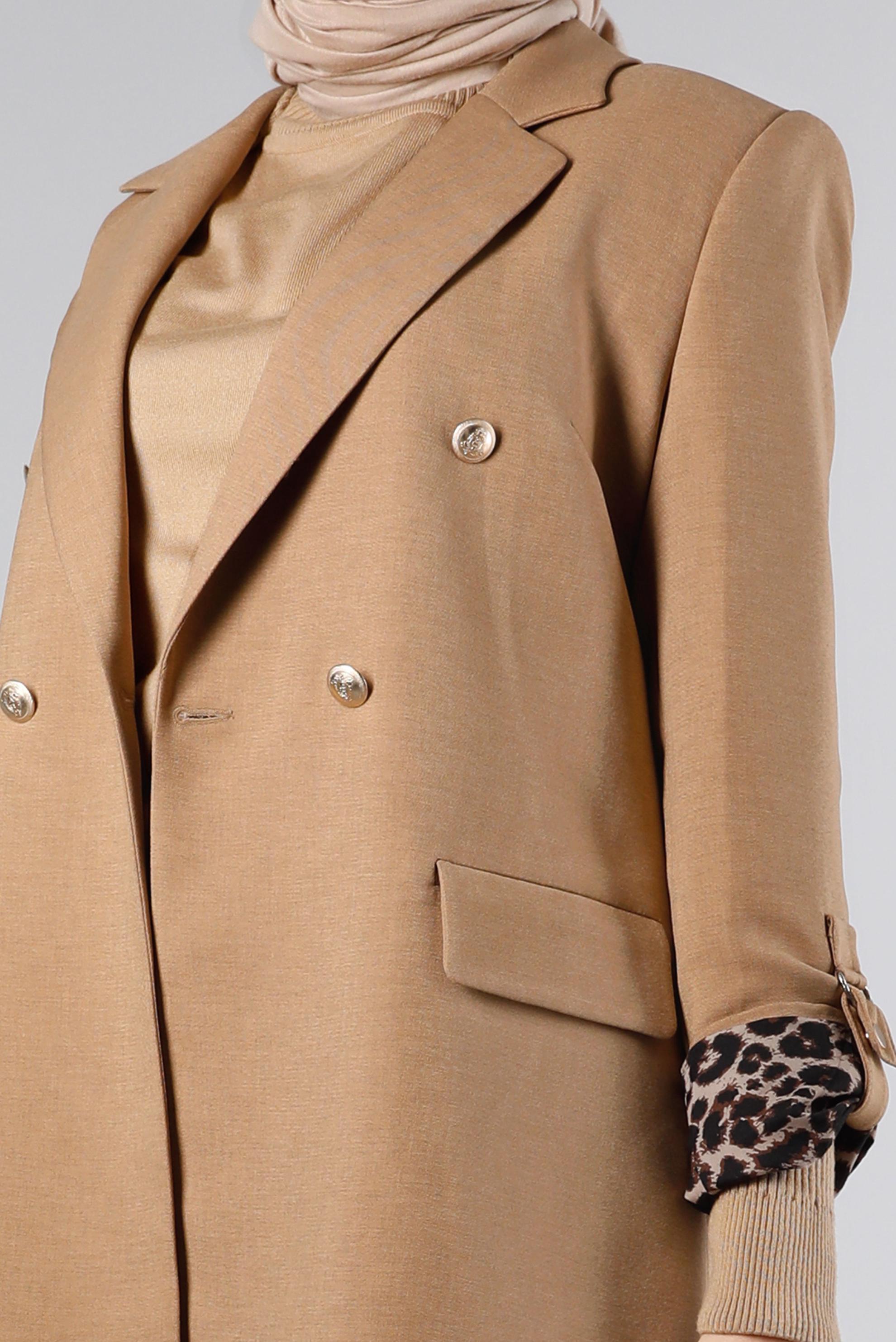 Tesettür giyim BEJ MANŞETLERİ LEOPAR DESENLİ KLASİK İKİLİ PANT. TAKIM 30305 