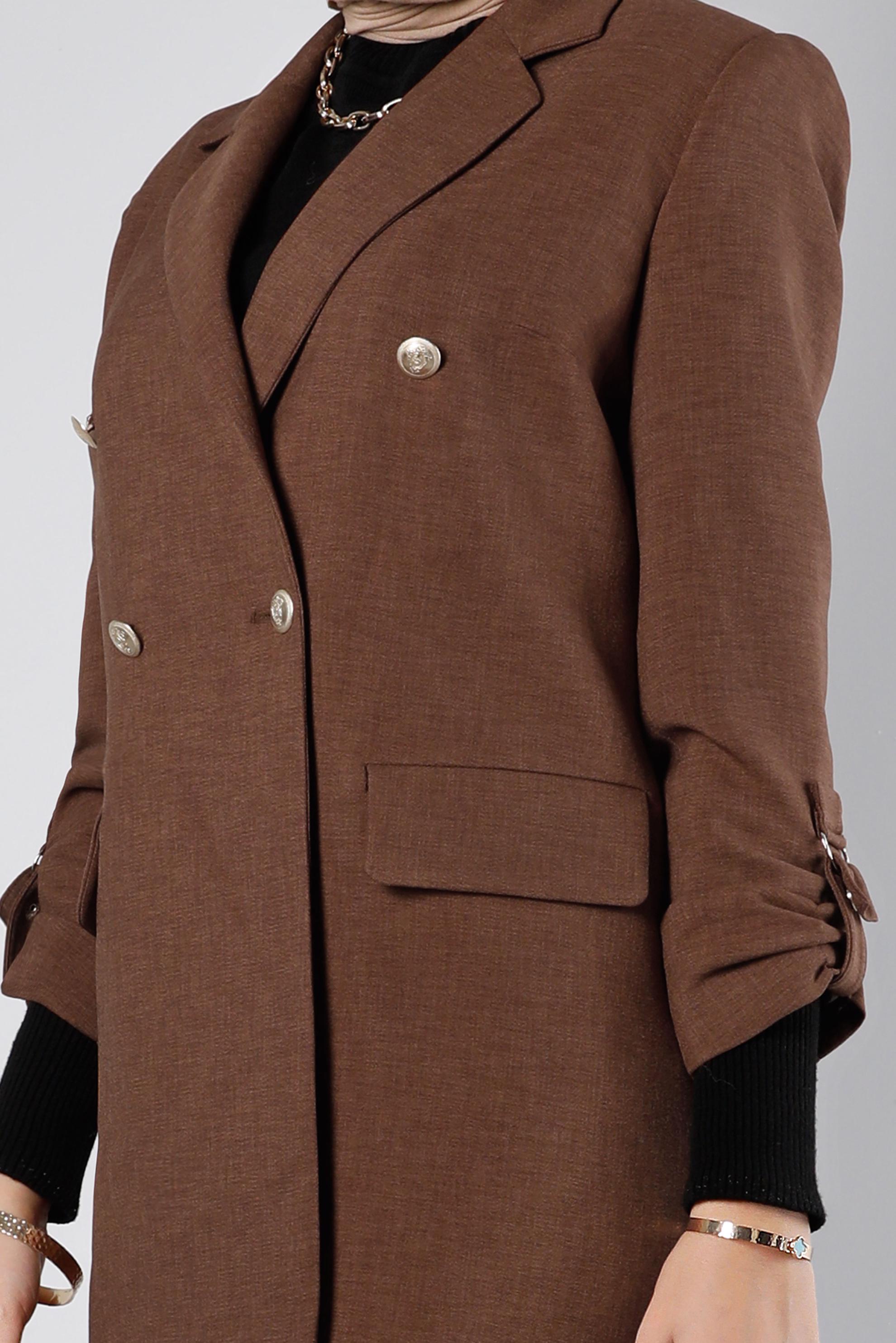 Tesettür giyim KAHVE MANŞETLERİ LEOPAR DESENLİ KLASİK İKİLİ PANT. TAKIM 30305 