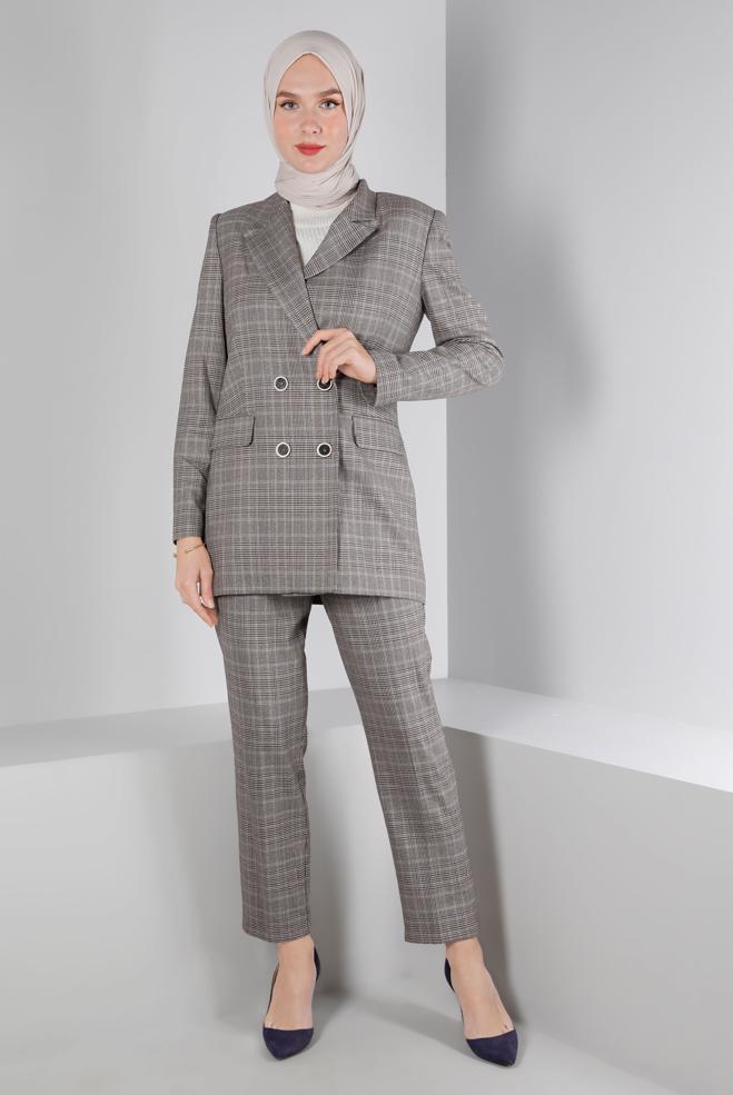 Tesettür giyim MAVİ EKOSE DESEN KLASİK İKİLİ PANT. TAKIM 30306 - ALVİNA