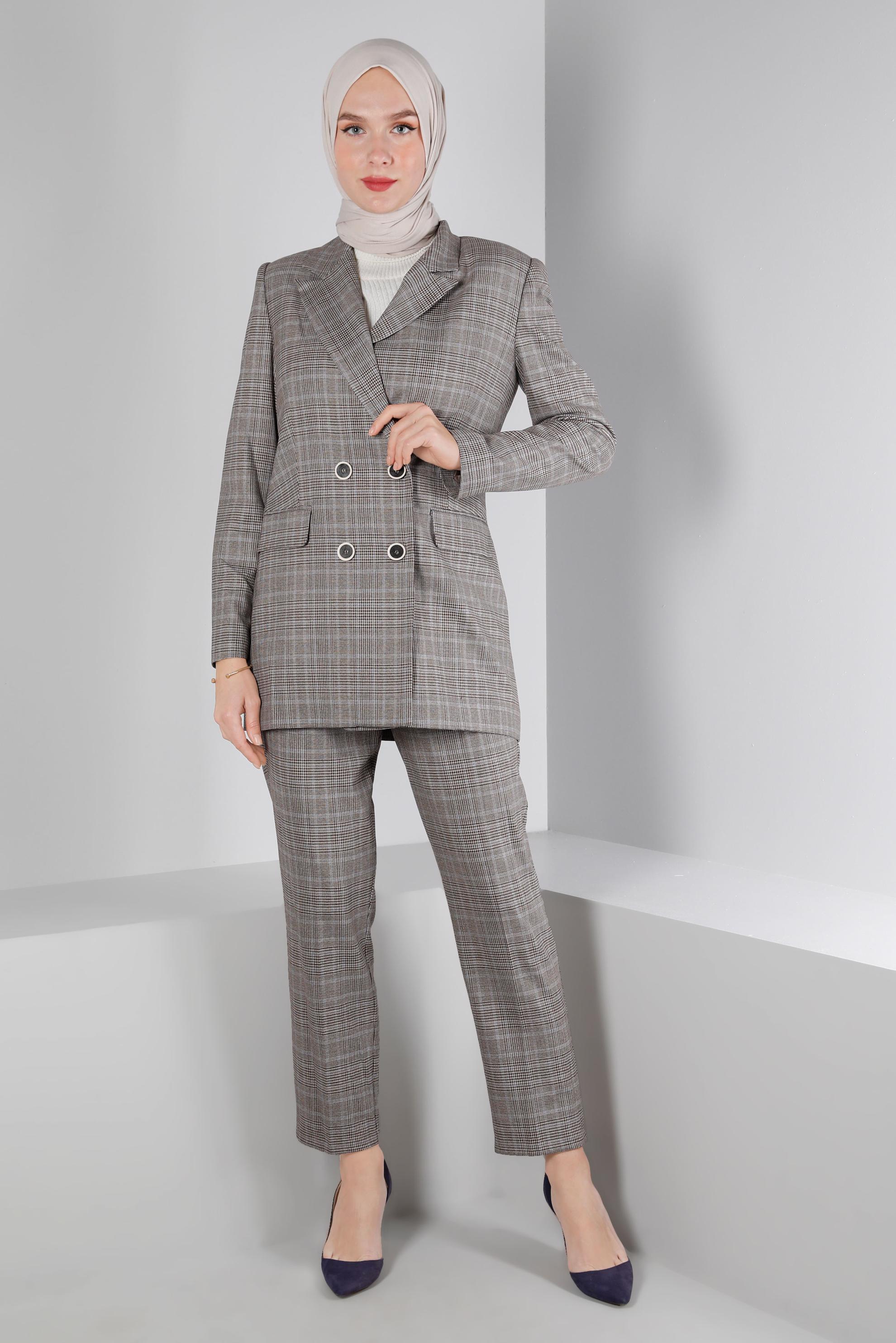 Tesettür giyim MAVİ EKOSE DESEN KLASİK İKİLİ PANT. TAKIM 30306