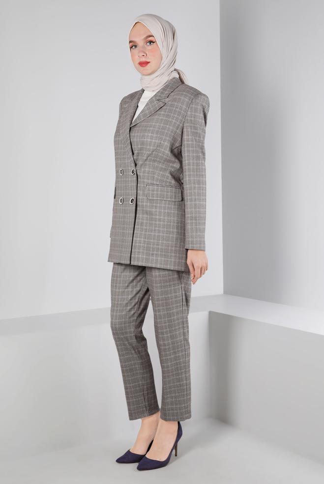 Tesettür giyim MAVİ EKOSE DESEN KLASİK İKİLİ PANT. TAKIM 30306 - ALVİNA