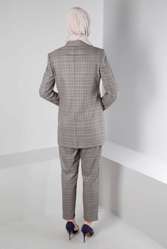 Tesettür giyim MAVİ EKOSE DESEN KLASİK İKİLİ PANT. TAKIM 30306 - ALVİNA