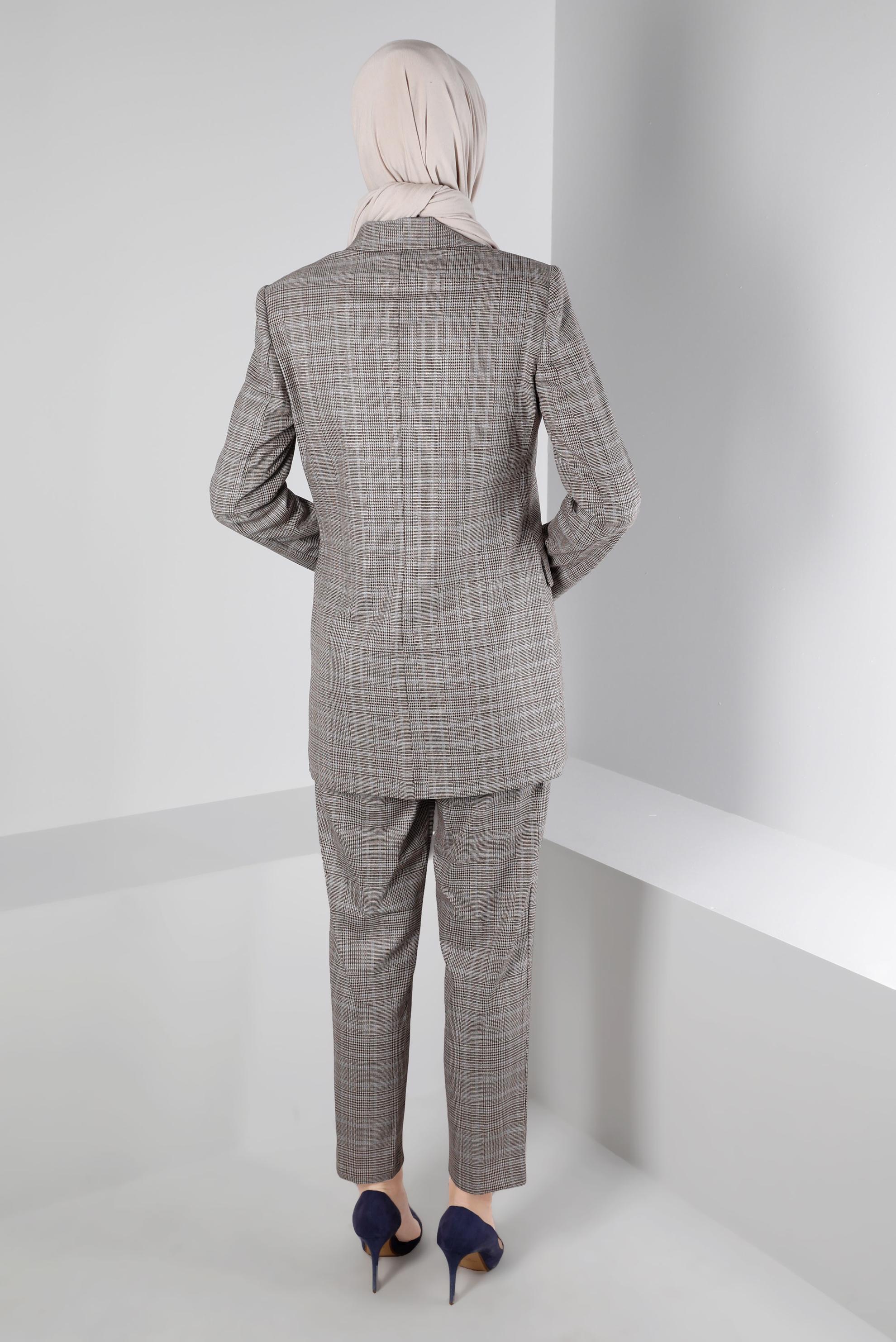 Tesettür giyim MAVİ EKOSE DESEN KLASİK İKİLİ PANT. TAKIM 30306