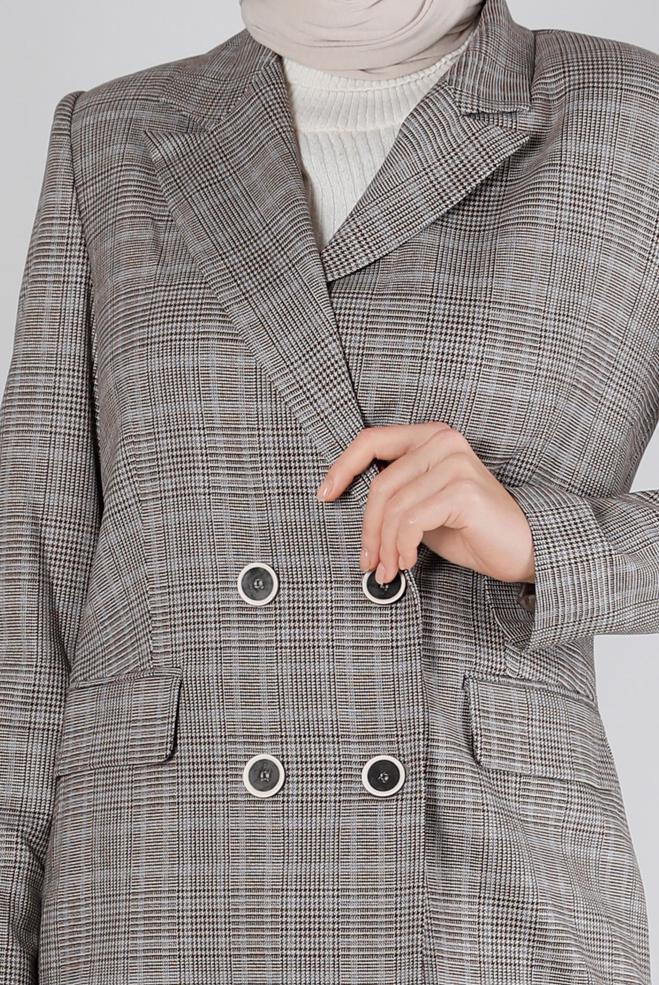 Tesettür giyim MAVİ EKOSE DESEN KLASİK İKİLİ PANT. TAKIM 30306 - ALVİNA