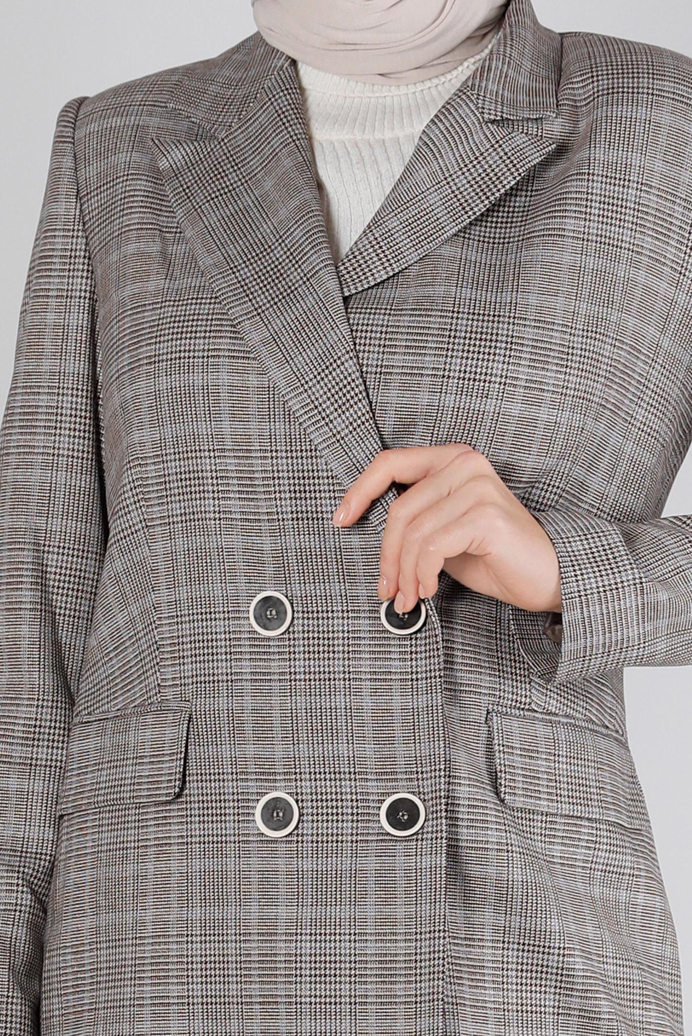 Tesettür giyim MAVİ EKOSE DESEN KLASİK İKİLİ PANT. TAKIM 30306