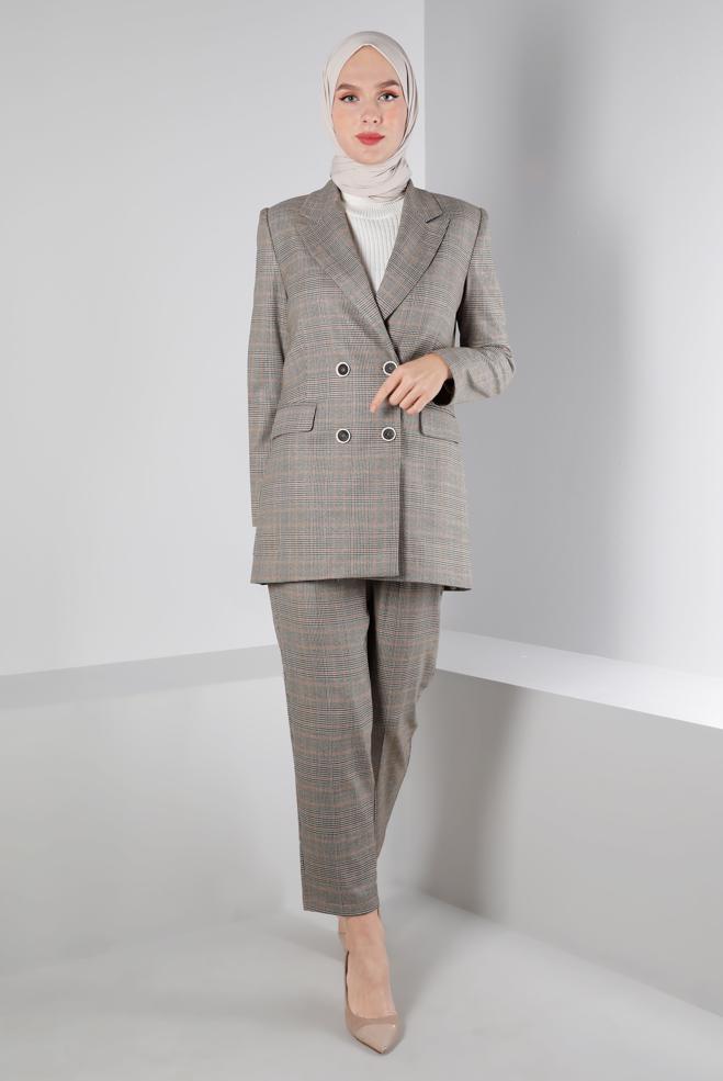 Tesettür giyim TURUNCU EKOSE DESEN KLASİK İKİLİ PANT. TAKIM 30306 - ALVİNA