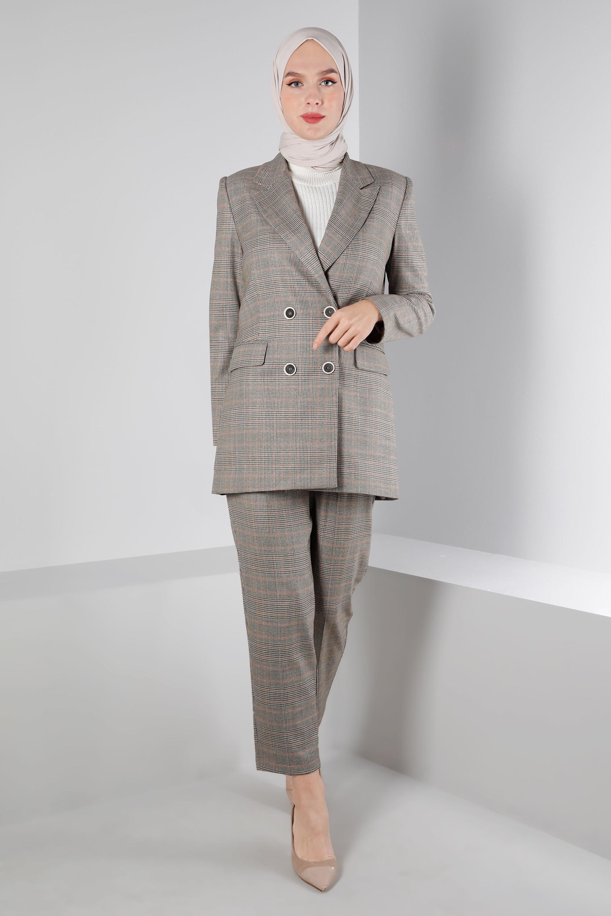 Vêtements hijab ORANGE ENSEMBLE PANTALON 2 PIÈCES CLASSIQUE À CARREAUX 30306